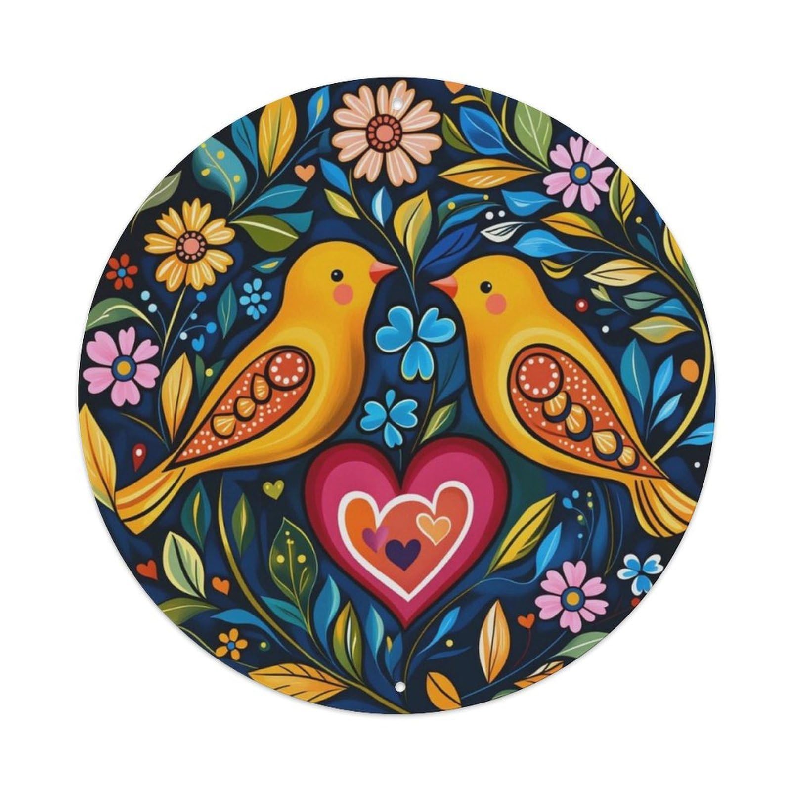 Folk Art Couple Birds Heart Floral Round Decor Sign Vintage Aluminium Metal Sign, Retro Wall Decor for Home, Bar, Garage & Farmhouse 20x20cm