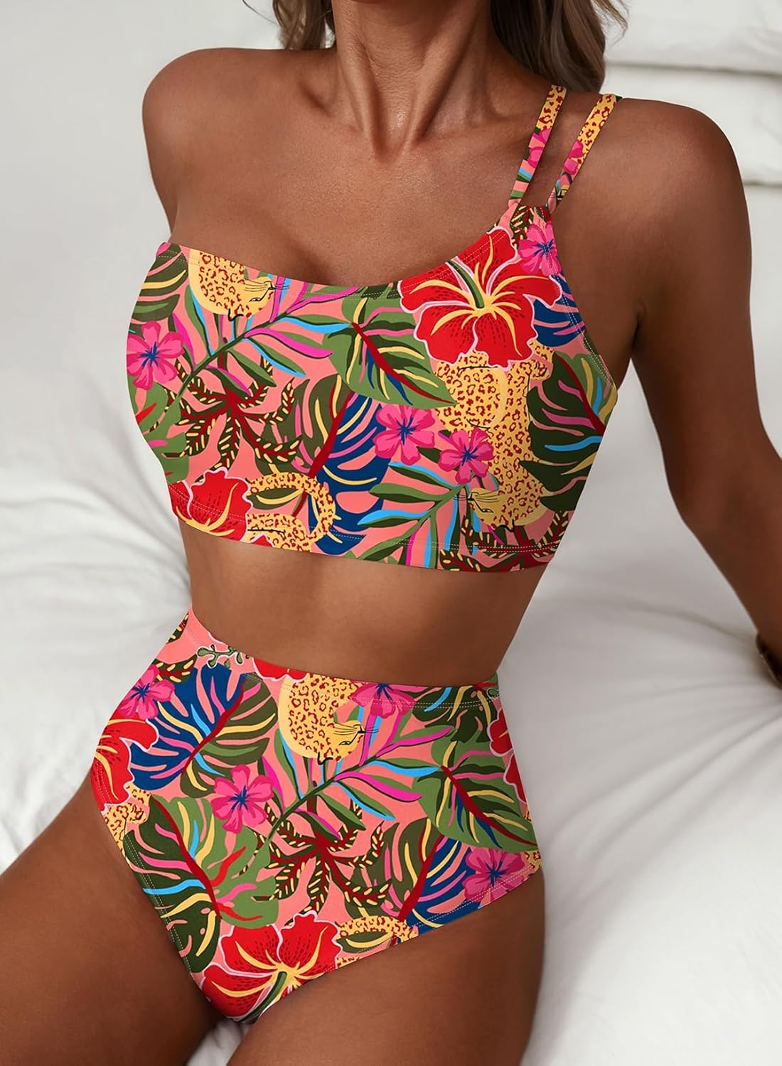 Herseas Women's High Waisted Bikini Sets One Shoulder Floral Print Swimsuits 2 Piece Tummy Control Bathing Suits - Image 4