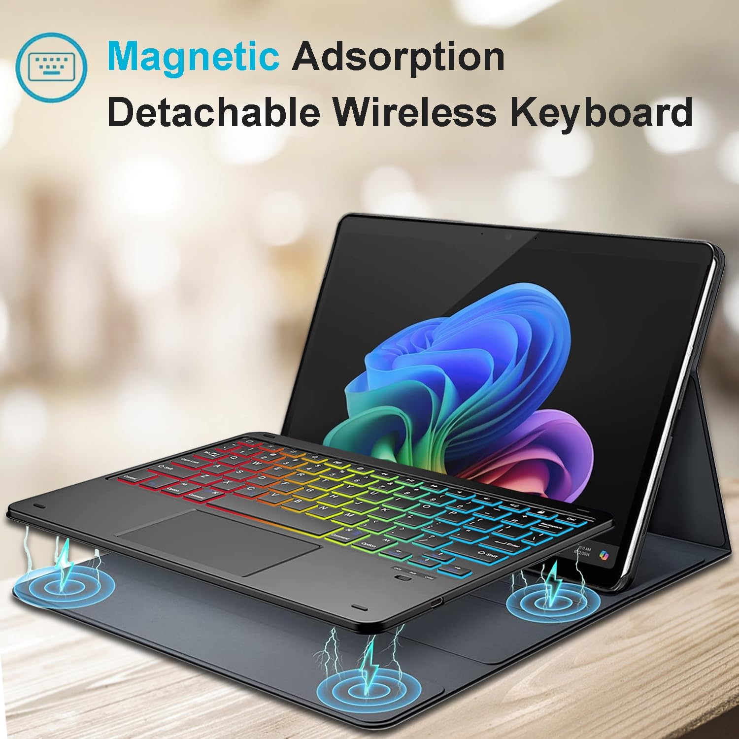 Touchpad Keyboard Case for 13 Inch Microsoft Surface Pro 11 / Pro 10 / Pro 9 Tablet, 7 Color Rainbow Backlight Detachable Bluetooth Trackpad Keyboard Folio Smart Cover