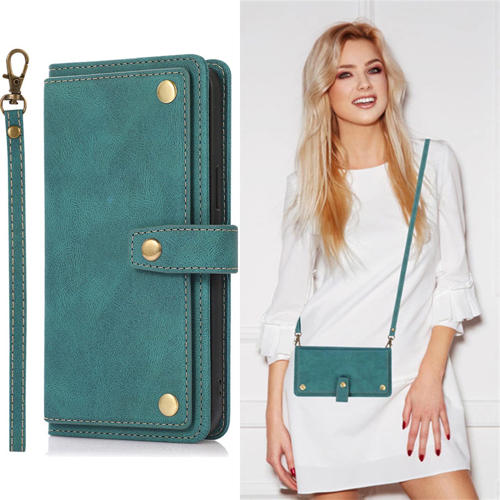 SINQERISHT Crossbody Wallet Case Compatible with Samsung Galaxy S20 FE Leather Purse Phone Case with Card Holder & Wrist Strap Magnetic Flip PU Kickstand Cover for Women Girls(Green)