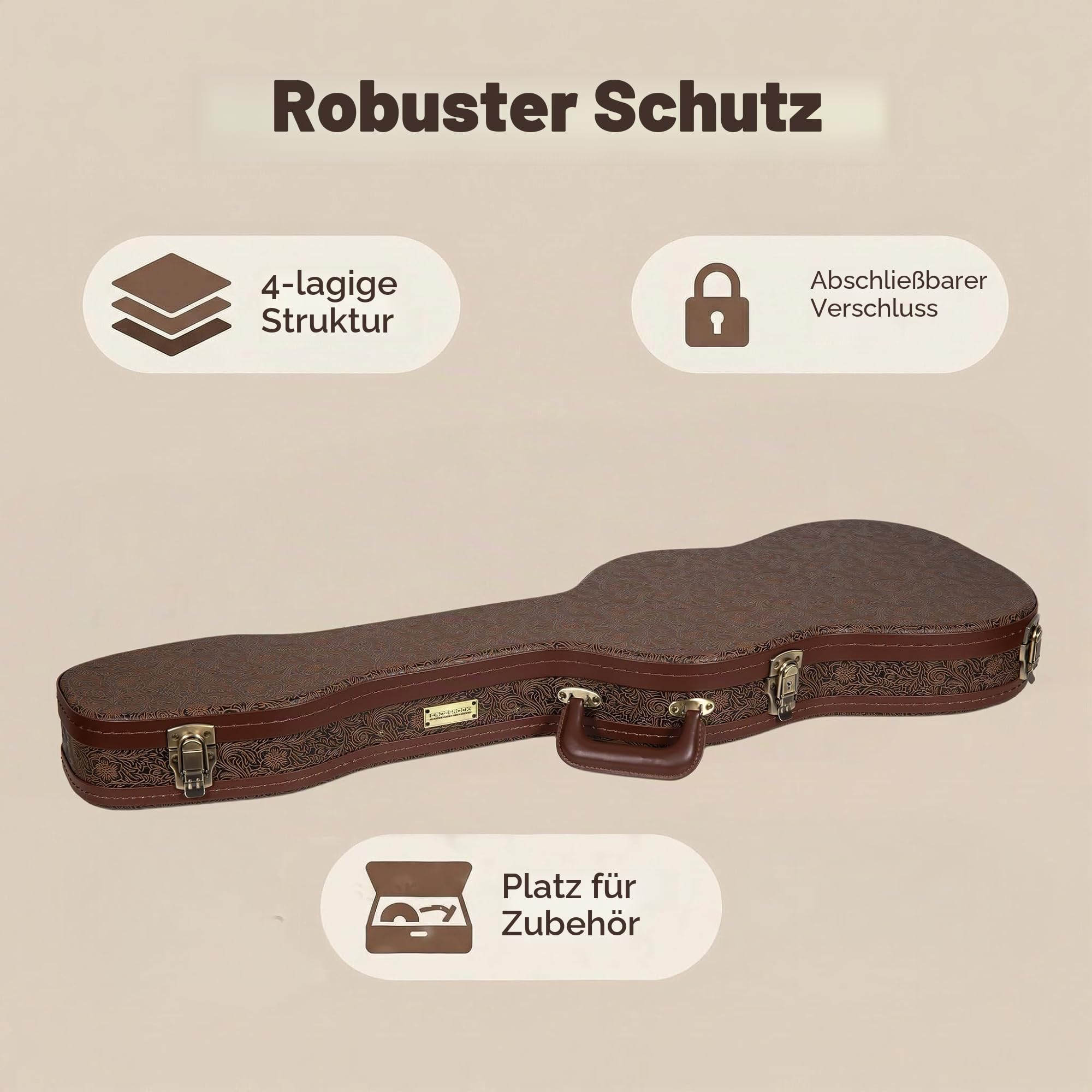 Crossrock Konturierter Koffer für E-Gitarren aus Holz für Fender Stratocaster und Telecaster, Blütenbraunes Finish, burgunderroter Samt-Innenraum, Schloss – Designer-Serie (CRW530STBQ)