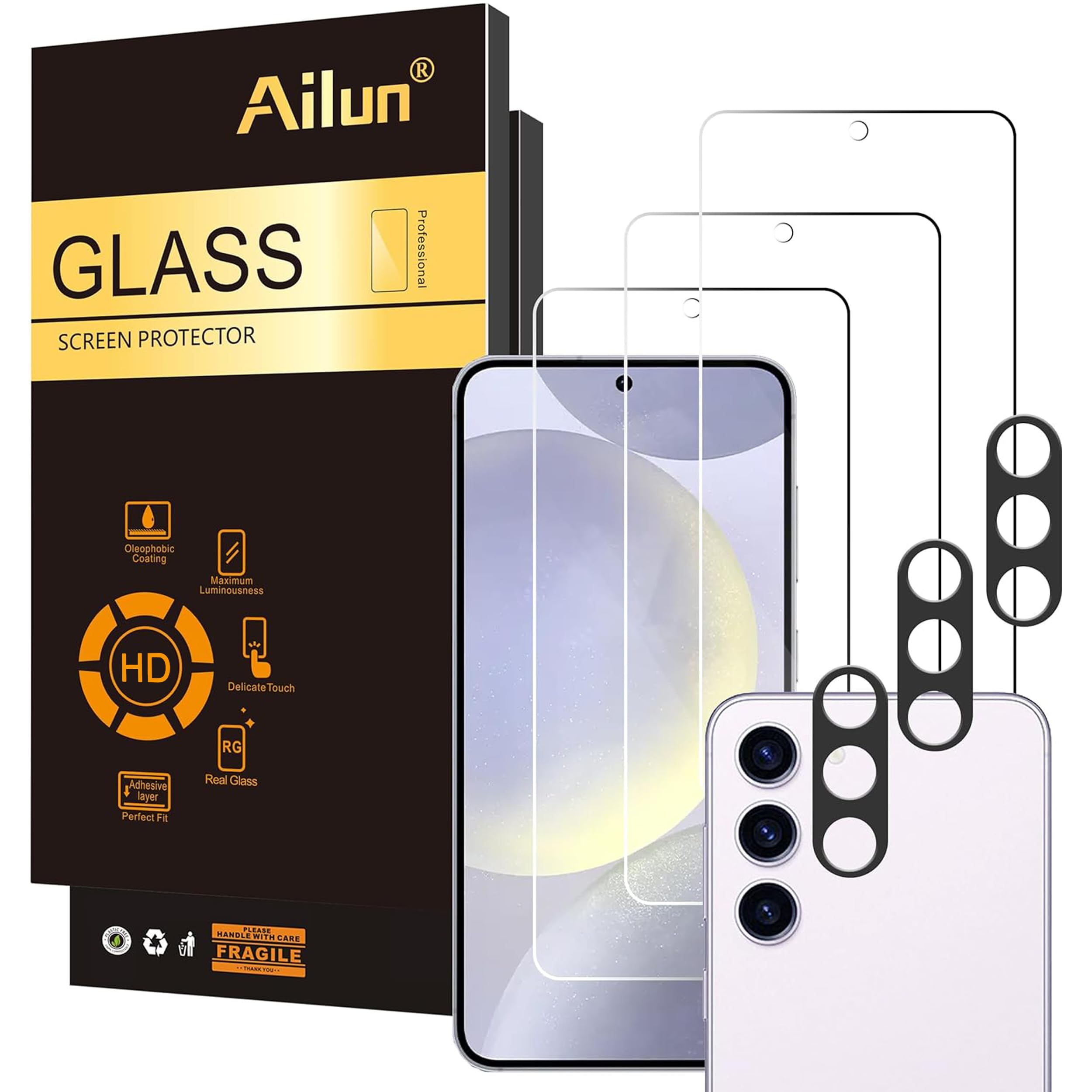 Ailun Screen Protector + Camera Lens Protector for Galaxy S24+ / S24 Plus | 3+3 Pack, 6.7 Inch, Tempered Glass, Fingerprint Unlock, 0.25mm, Anti-Scratch, Case Friendly, HD