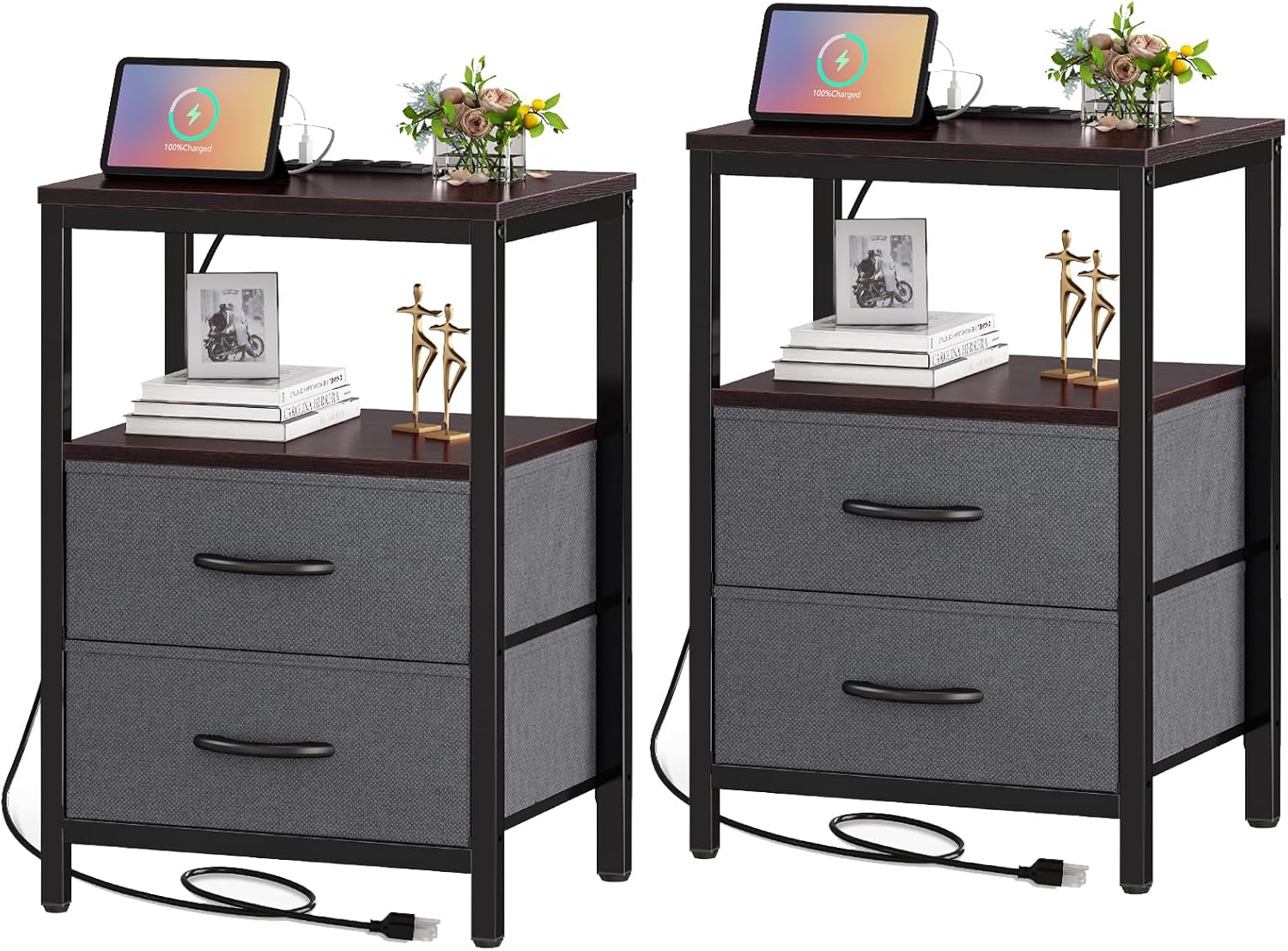 Huuger Nightstands Set of 2, End Tables with Charging Station, Side Tables with Fabric Drawers, Bedside Tables with USB Ports and Outlets, Night Stands for Bedroom, Walnut 2 Walnut