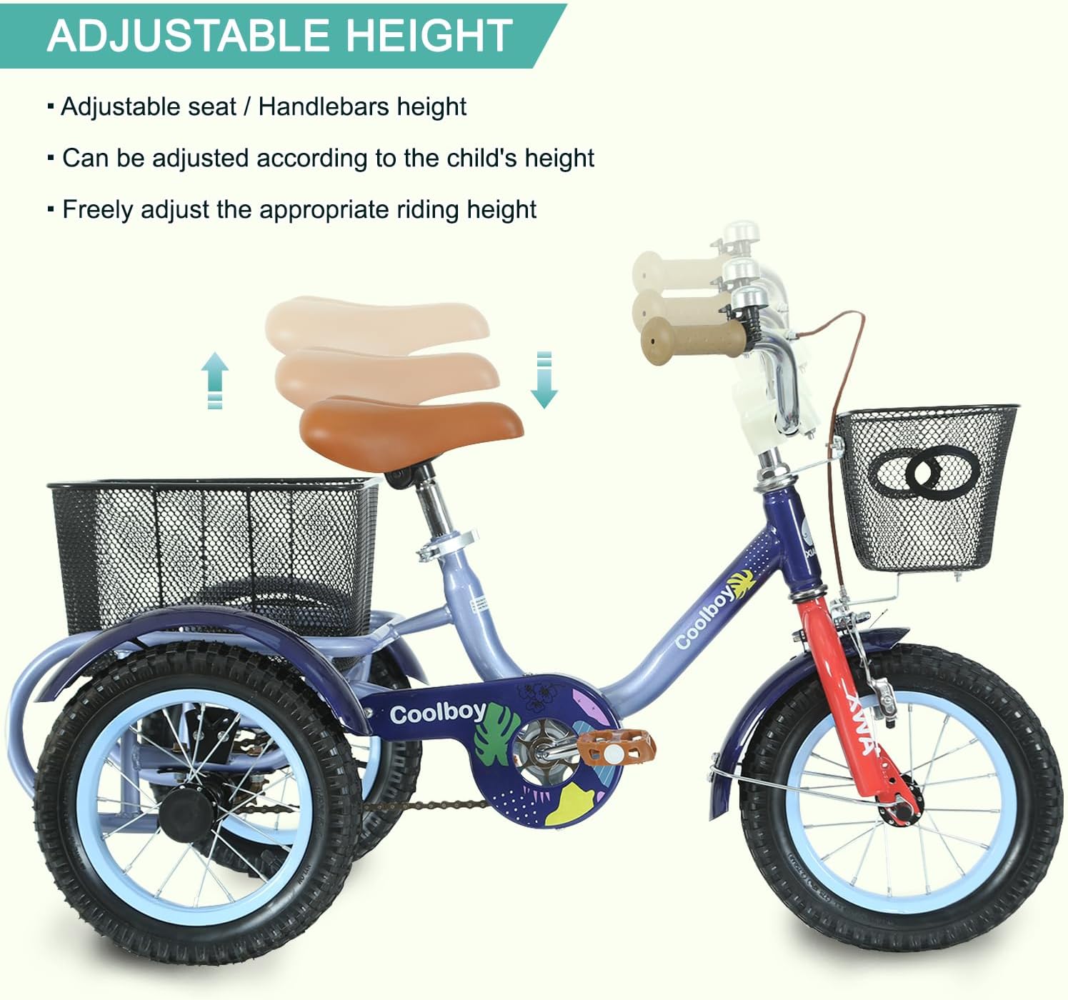 Kids Tricycle with Safety Features, Wide Anti-Skid Tires, Storage Basket, Soft Cushion Seat, Red