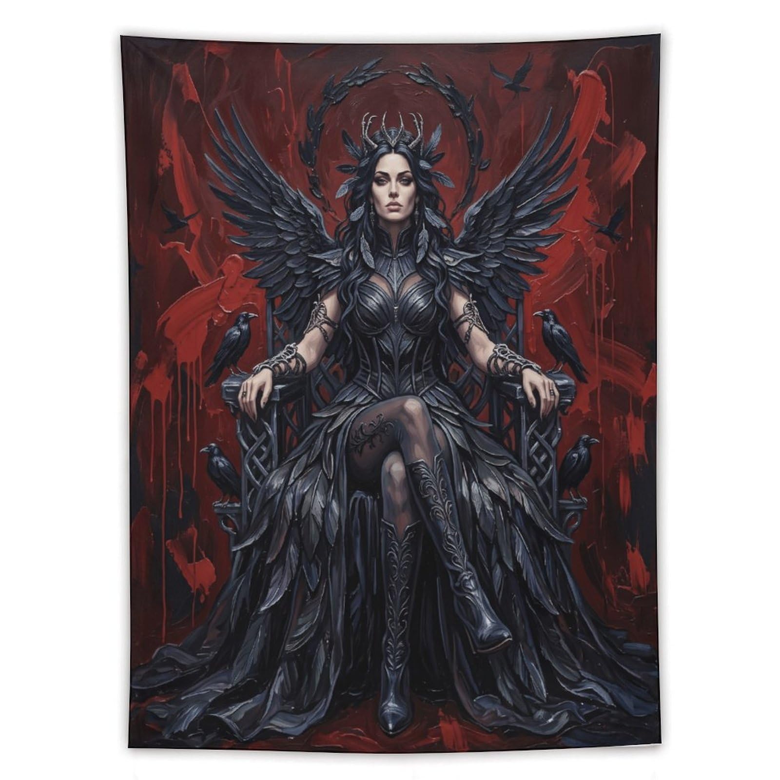 W7C8U2X3 Raven Queen Red Throne Wall Tapestry, Realistic Illustration