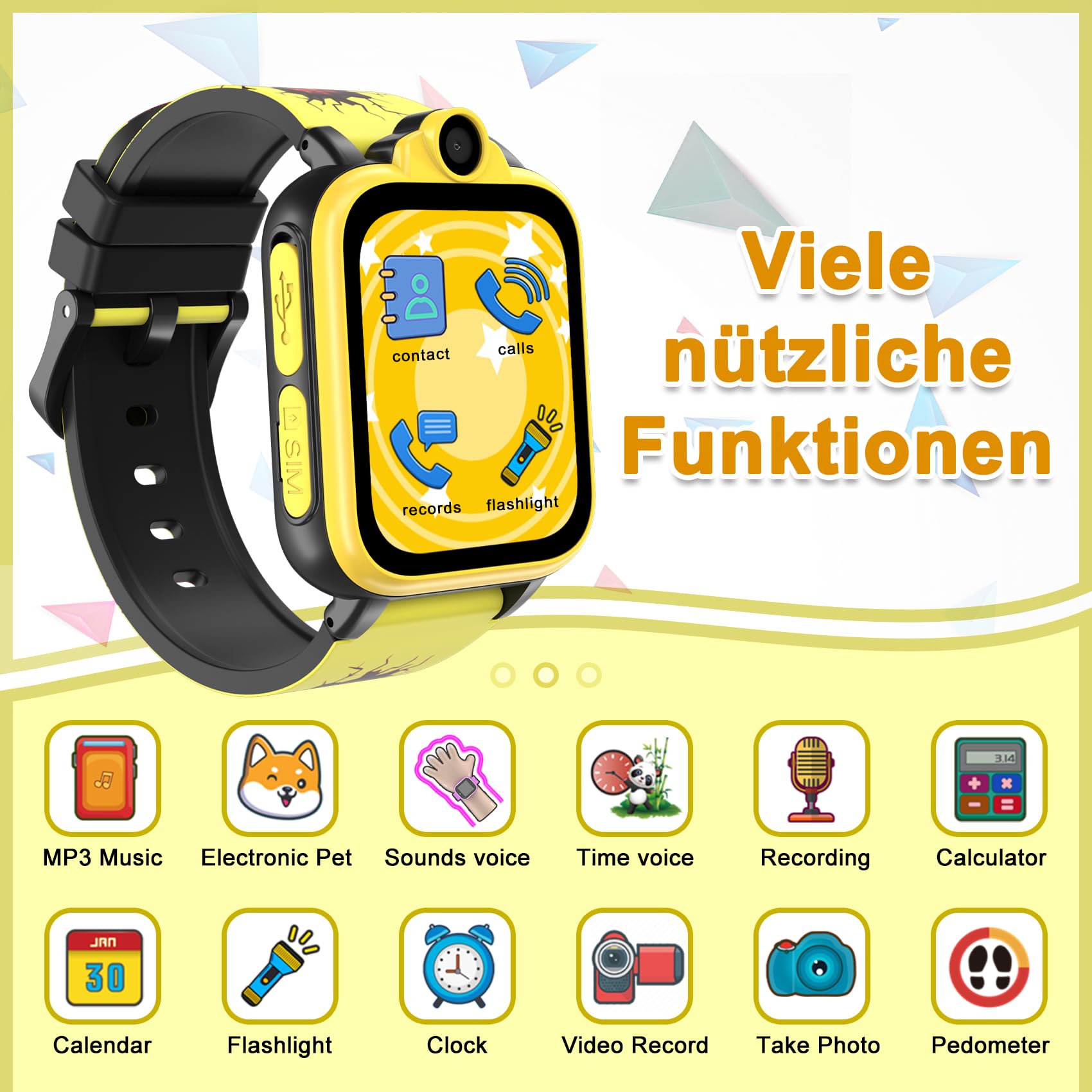 IOWODO Kinder Smartwatch mit Anruf, 2G SIM mit SOS Uhr Kamera Eingebaute SD-Karte, 18 Spiele Puzzle Alarme für Kinder Smart Watch für Jungen Mädchen 3-12Y, XT23-Schwarz