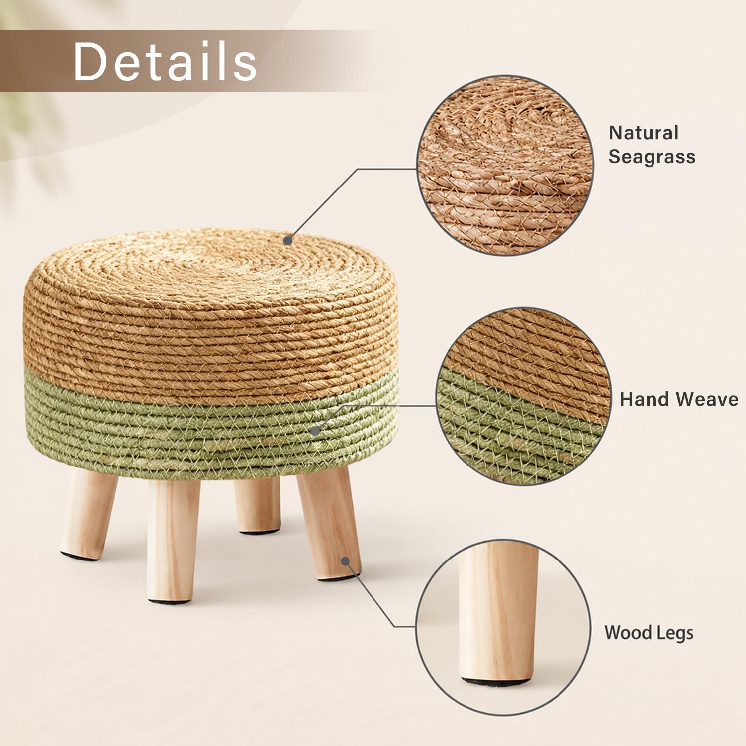 Wimarsbon Round Foot Stool Natural Seagrass Poufs Ottoman Hand Weave Footrest Stool for Couch Desk Extra Seat Step Stool with Solid Wood Legs for Hallway Patio Lounge Green