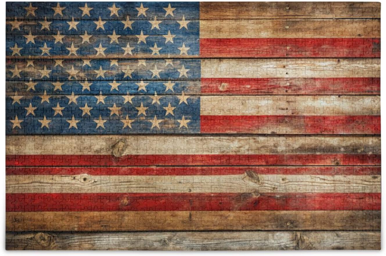 Rustic American Flag Board Jigsaw Puzzle for Adults 1000 Pieces, Impossible Hard Difficult Challenging Puzzles for Adults Jigsaw Puzzle for Party Entertainment, Family Games