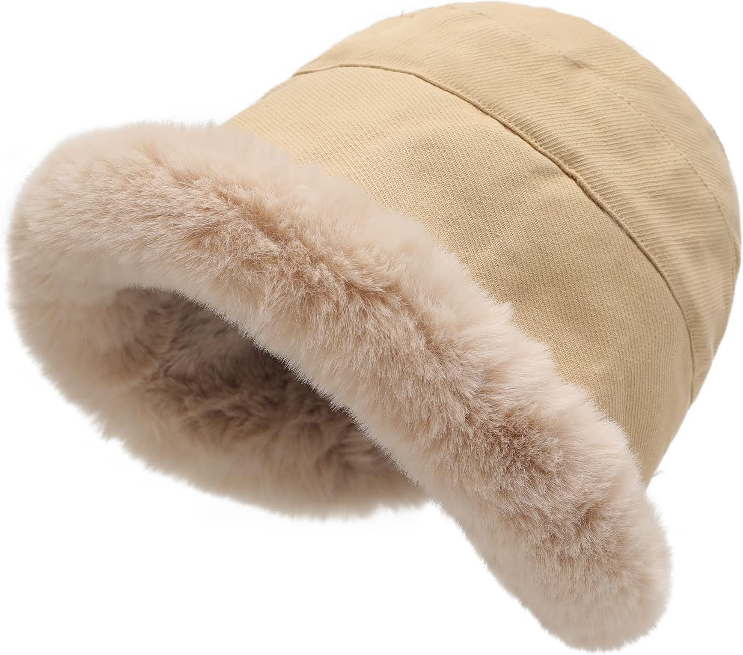 ZLYC Women Winter Furry Bucket Hat Rolled Brim Faux Fur Cloche Hat with Fleece Lining
