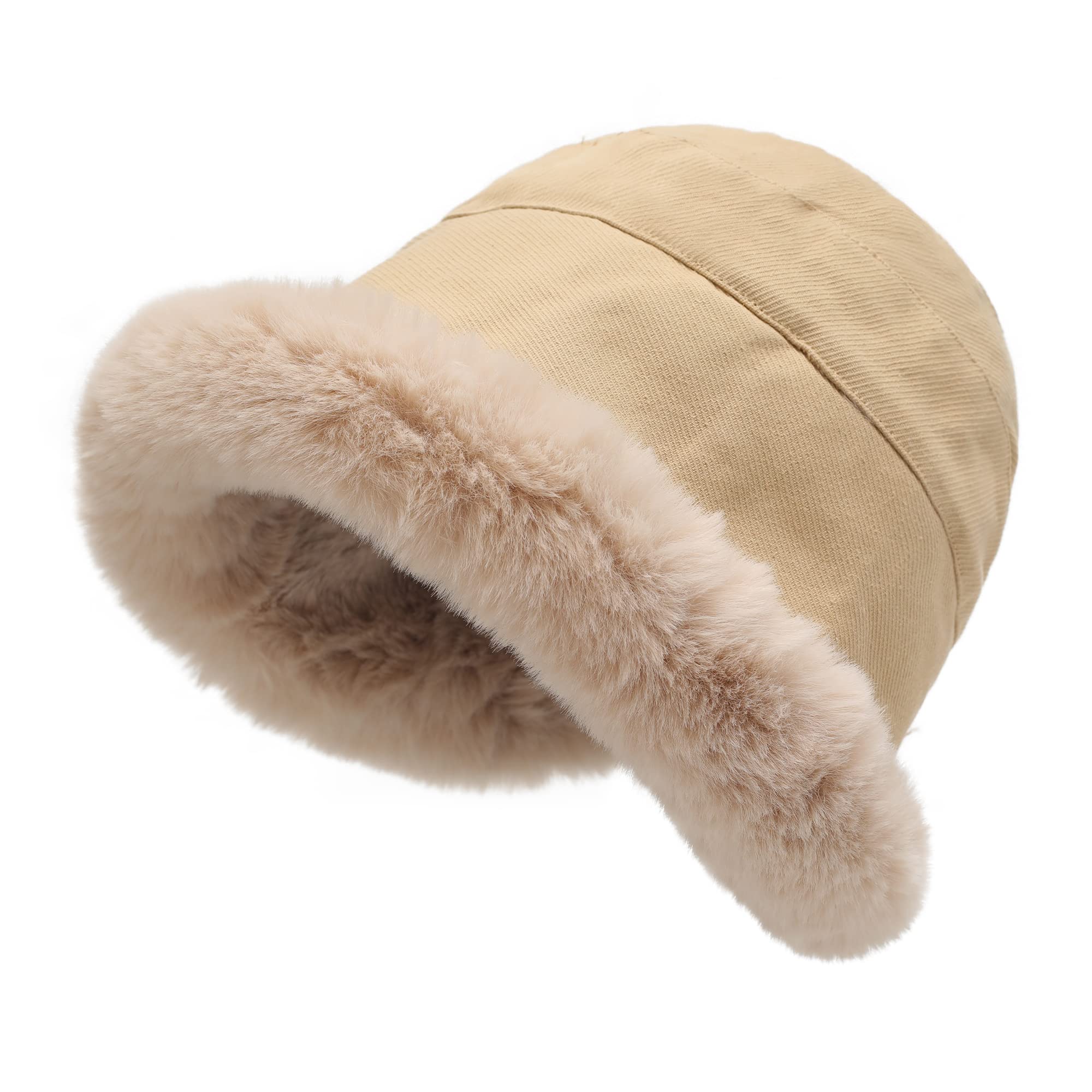ZLYC Women Winter Furry Bucket Hat Faux Fur Cloche Hat with Fleece Lining