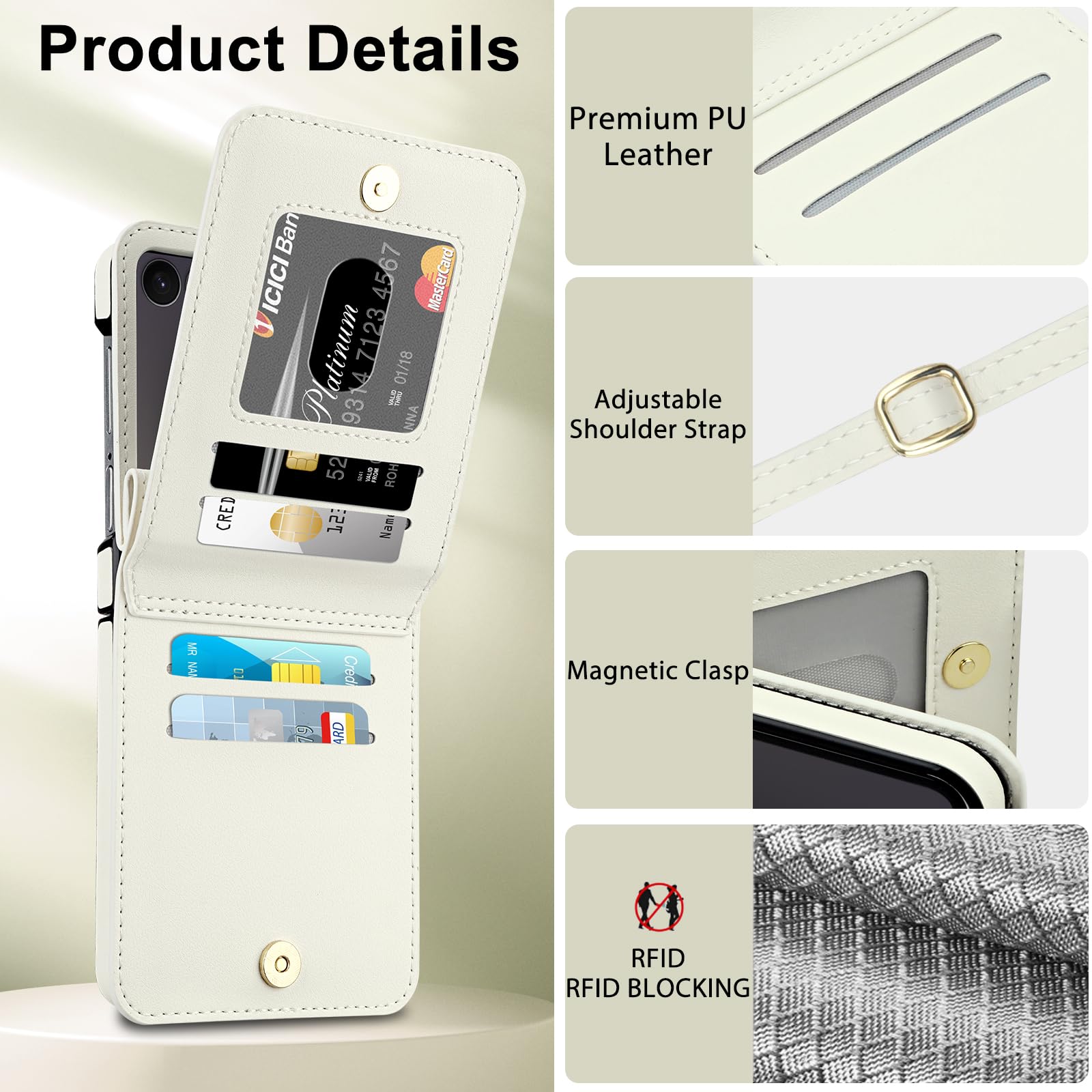 HianDier Custodia a portafoglio per Z Flip 7 con porta carte di credito per donne e ragazze, in pelle PU con slot per cerniera, tracolla staccabile, antiurto, custodia protettiva per Galaxy Z Flip 7