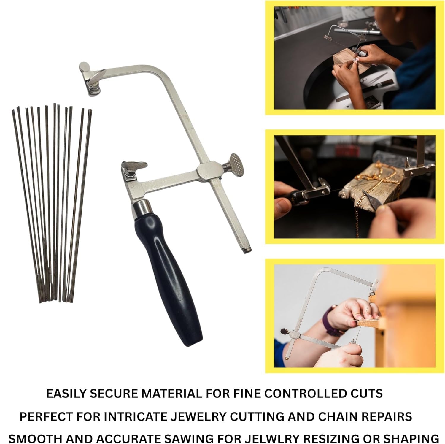 Kit de scie professionnelle 3 en 1 pour bijoutier – Cadre de scie réglable, 144 lames (tailles 1/0–2) et broche d'établi en bois avec fente en V avec pince – Fabrication de bijoux, bois, métal et