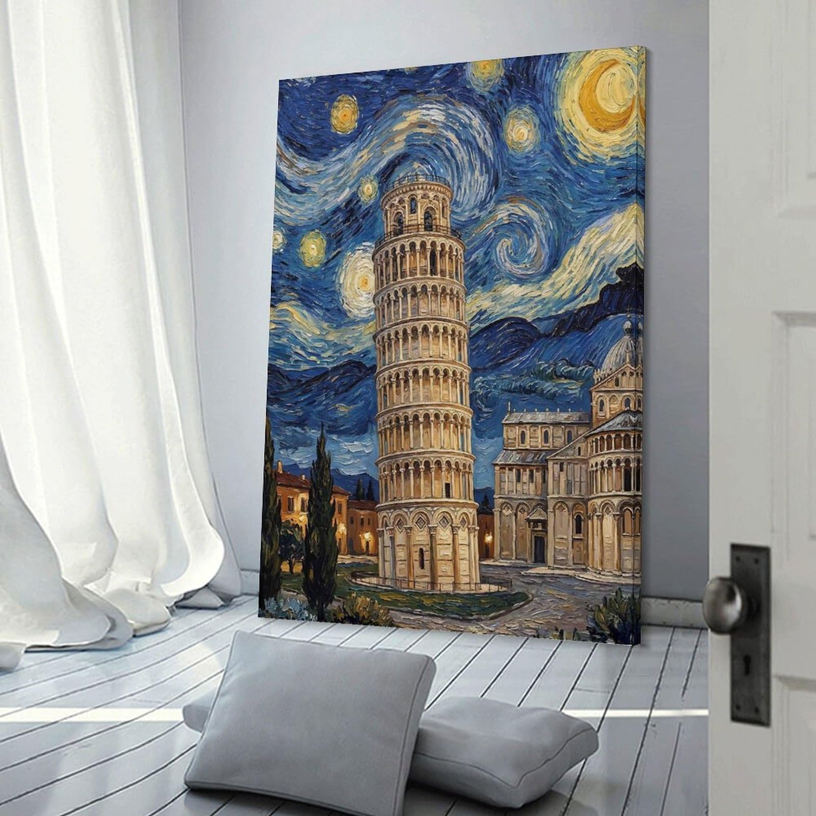 Junmoney Frame-Style-16 Leaning Tower Of Pisa In Starry Night Style Wall Decor Canvas Print, 20X30inch(50X75cm), For Flats, Guest Rooms Or Compact Rooms, A Simple Refresh For Blank Walls