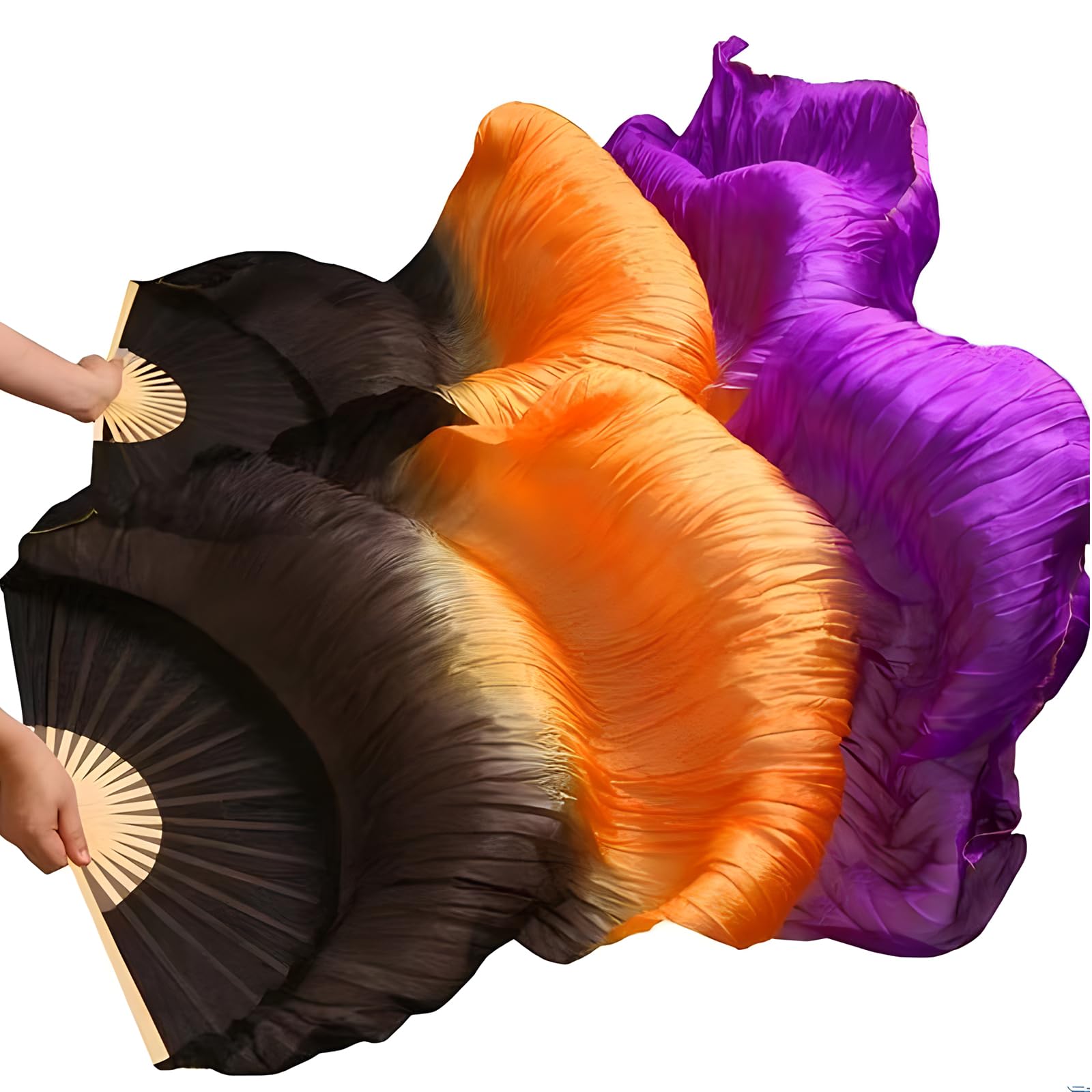 1 Pair Women Real Silk Belly Dance Fan Veils - Handmade Long Bamboo Fans for Professional Dancing 180cm * 90cm (Left+Right)