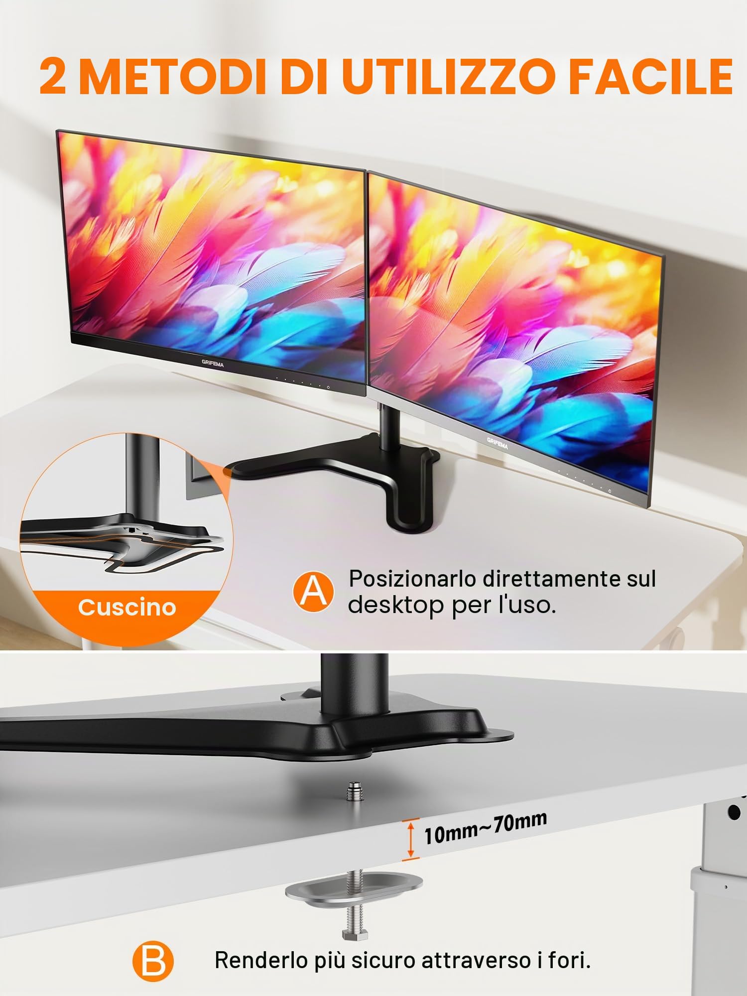 GRIFEMA Braccio Monitor Doppio per Schermi 13-32'', Supporto Doppio Monitor Altezza Regolabile, Base Allargata, Inclinazione, Girevole, Rotazione, Gestione dei Cavi, Fino a 10 kg, VESA 75/100mm