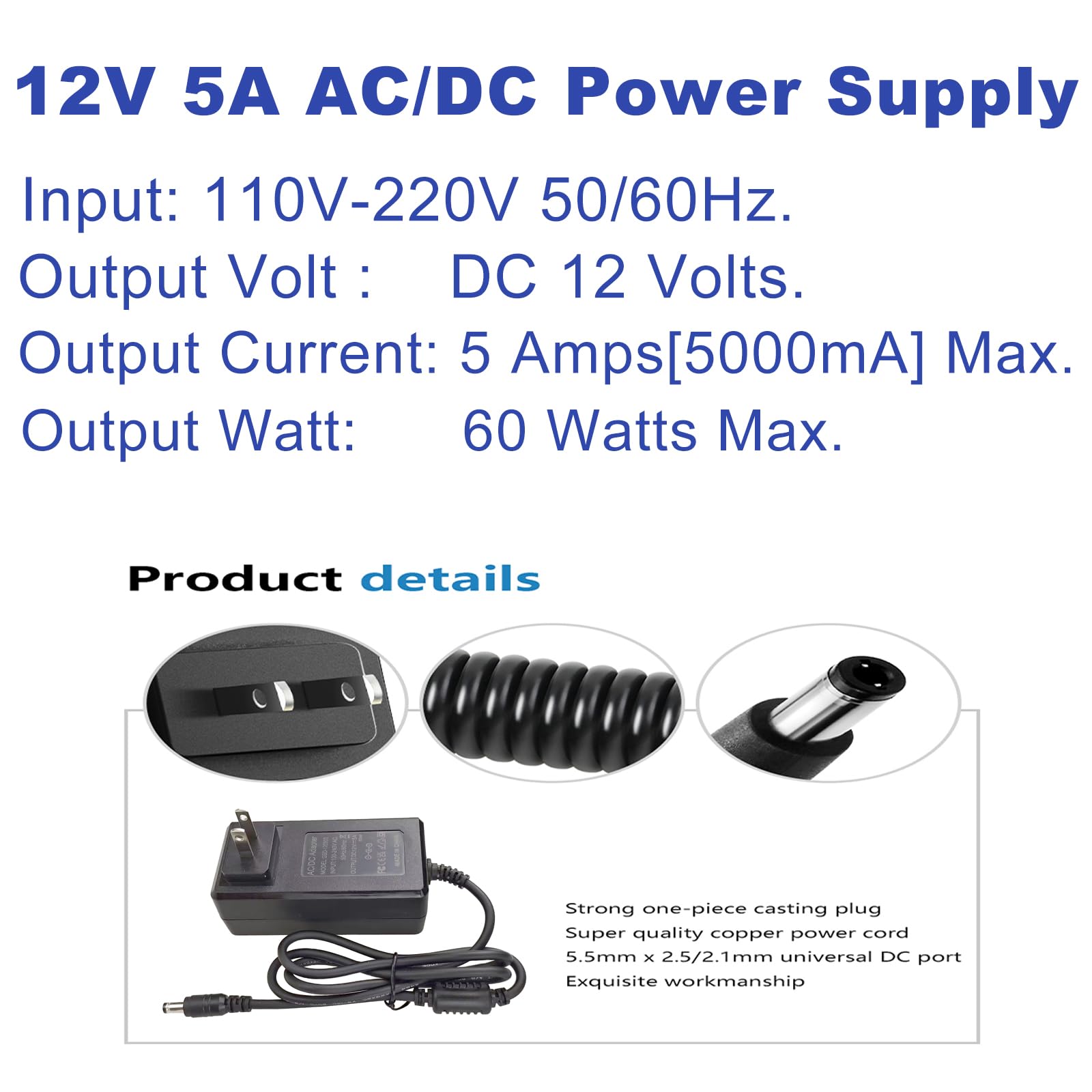 Alimentatore 12 V 5 A, adattatore universale AC 100-240 V a DC 12 V 5 A con spina da 5,5 x 2,5 mm, compatibile con strisce LED, lampade per acquari, altoparlanti, telecamere CCTV, scarpe da ginnastica