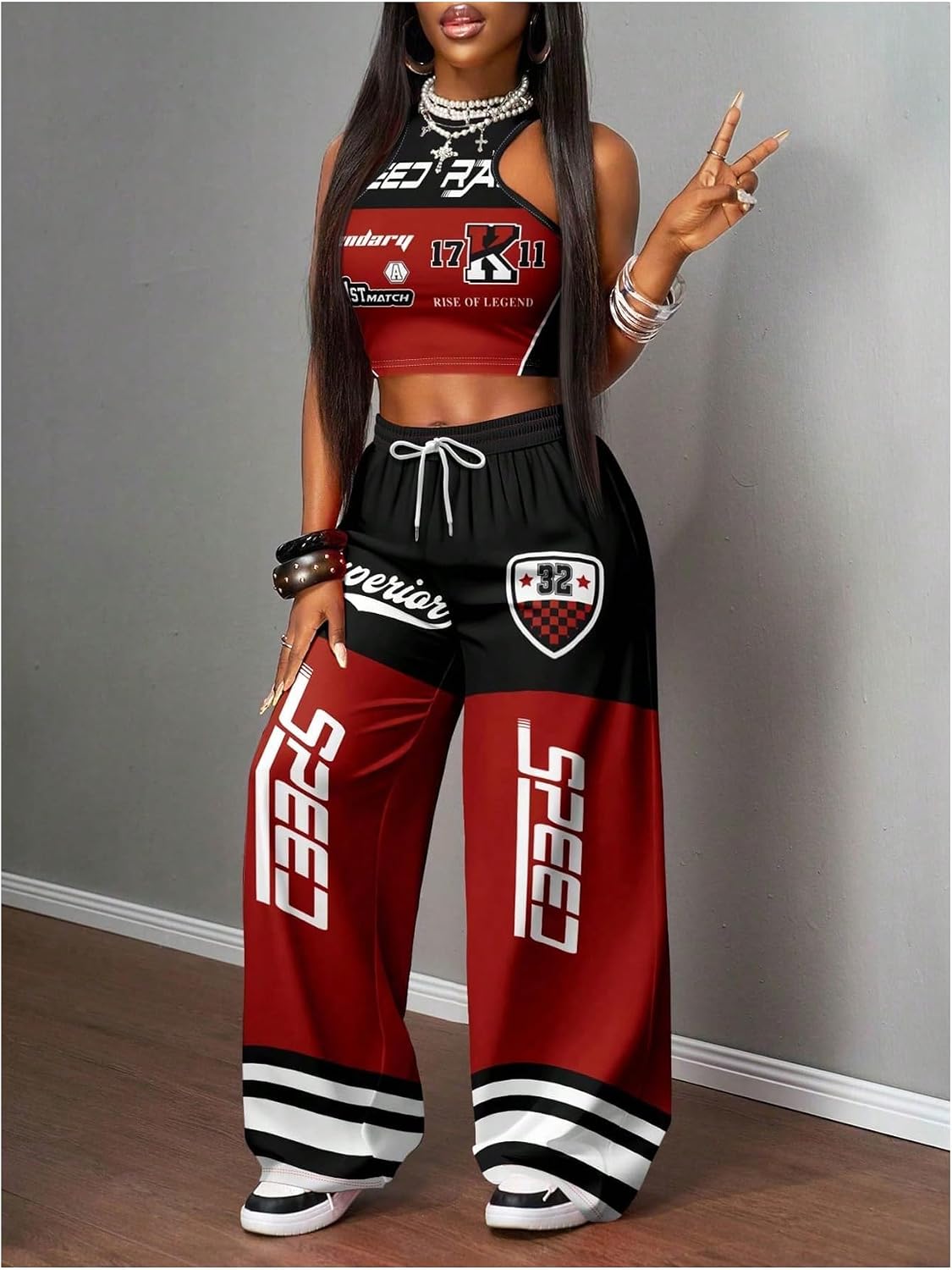 GORGLITTER Women's 2 Piece Going Out Outfits Pant Set Casual Letter Graphic F1 Racer Crop Tank Top Baggy Pants Slacks
