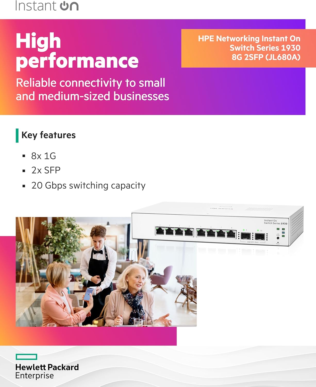 HPE Networking Instant On Switch Series 1930 8-Port Gb Smart-Managed Layer 2+ Ethernet Switch | 8X 1G | 2X SFP | US Cord (JL680A#ABA)