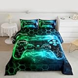 Feelyou Kids Boys Green Gamer Bedding Set Queen Size, Honeycomb Gaming Comforter Set Lightning Gamepad Comforter Game Room Decor Duvet Set with 2 Pillow Case Decor Set Bedding Collection