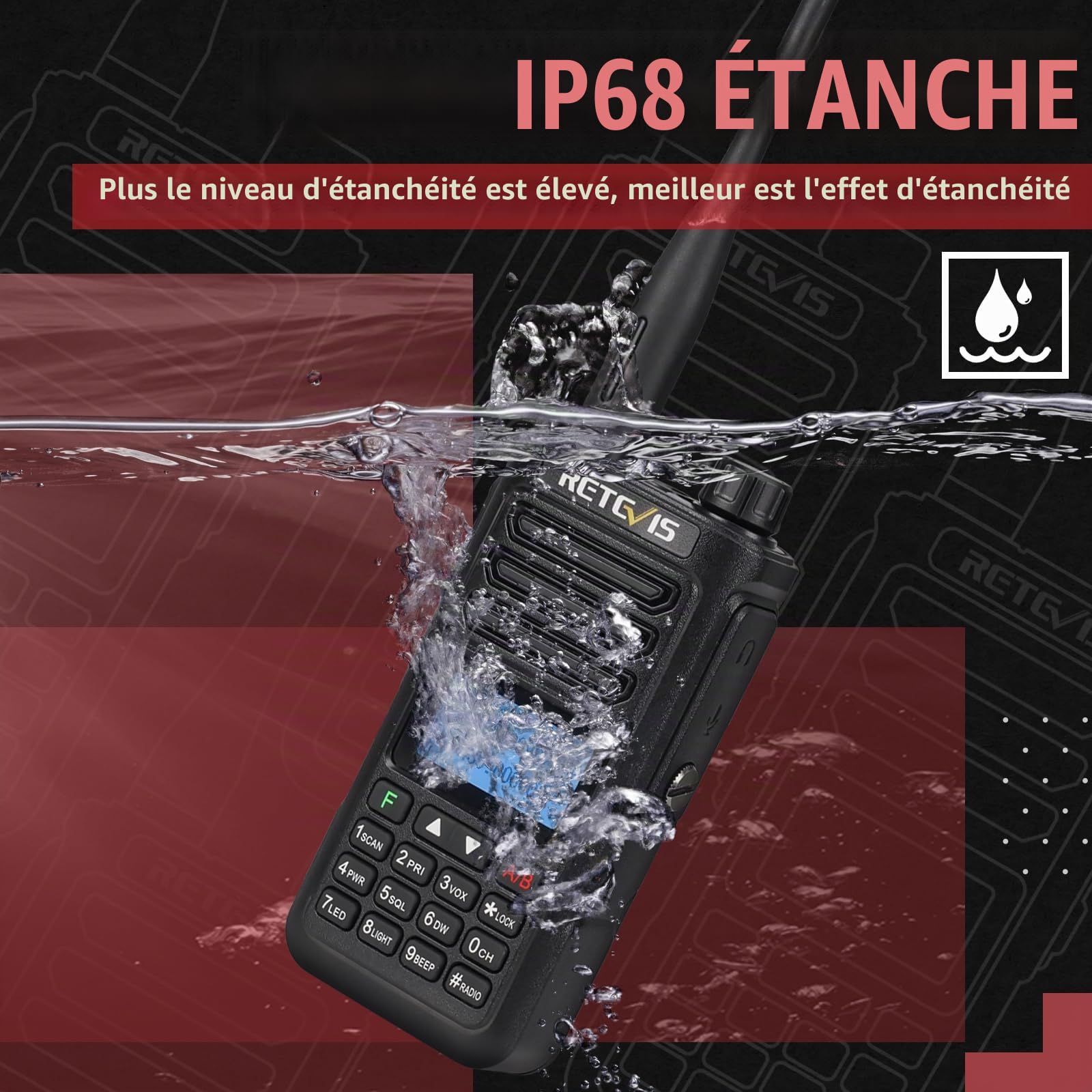 Retevis RA89 Bi-Bande Radio Amateur, Talkie Walkie Chasse Rechargeable | VFO, IP68, Radio Longue Distance avec Batterie 2500mAh, Type-C,Facile à Coupler pour Tout-Terrain, Chasse