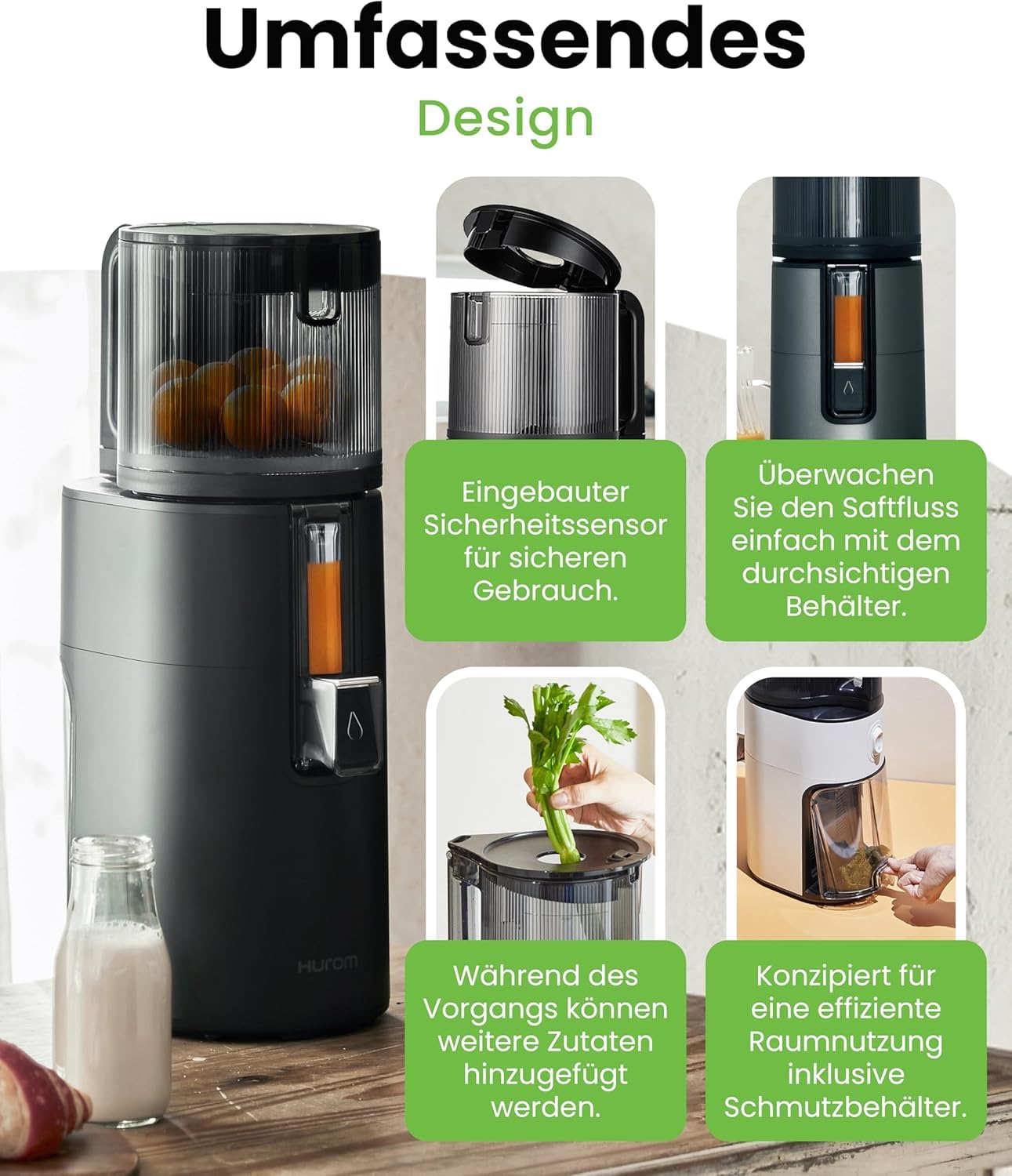 Hurom Slow Juicer | Entsafter Gemüse und Obst | H400 | Leicht zu Reinigen & Leiser Motor Elektrischer Entsafter mit großem Behälter und Siebfilter 2L | 150 Watt | BPA Frei | Schwarz