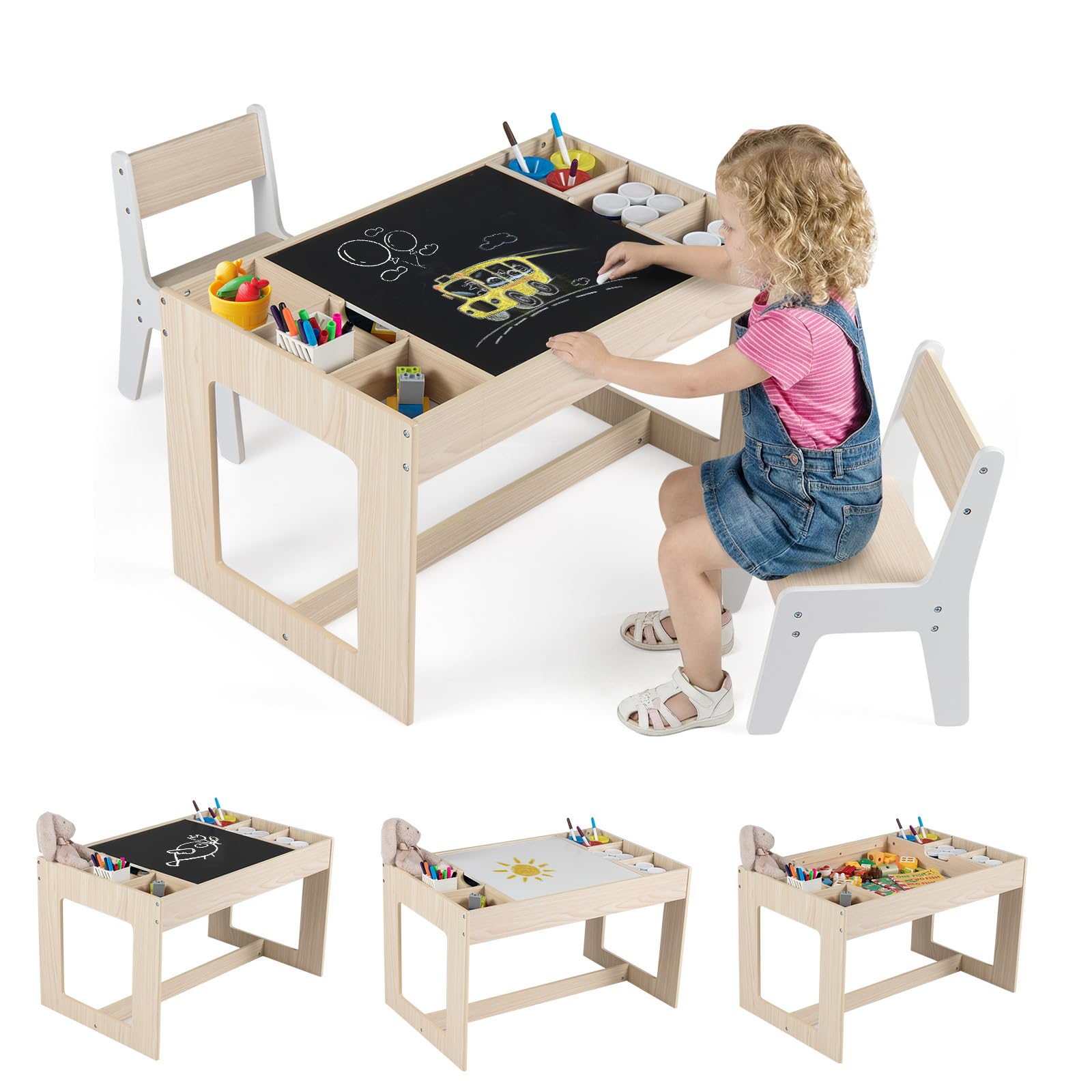COSTWAY Table Enfant avec 2 Chaises et Plateau Réversible, Table Enfant avec Rangement et 6 Compartiments Latéraux, Tableau Noir et Blanc pour Jouer Dessiner, Bureau à Dessin pour 3 Ans+ (Naturel)