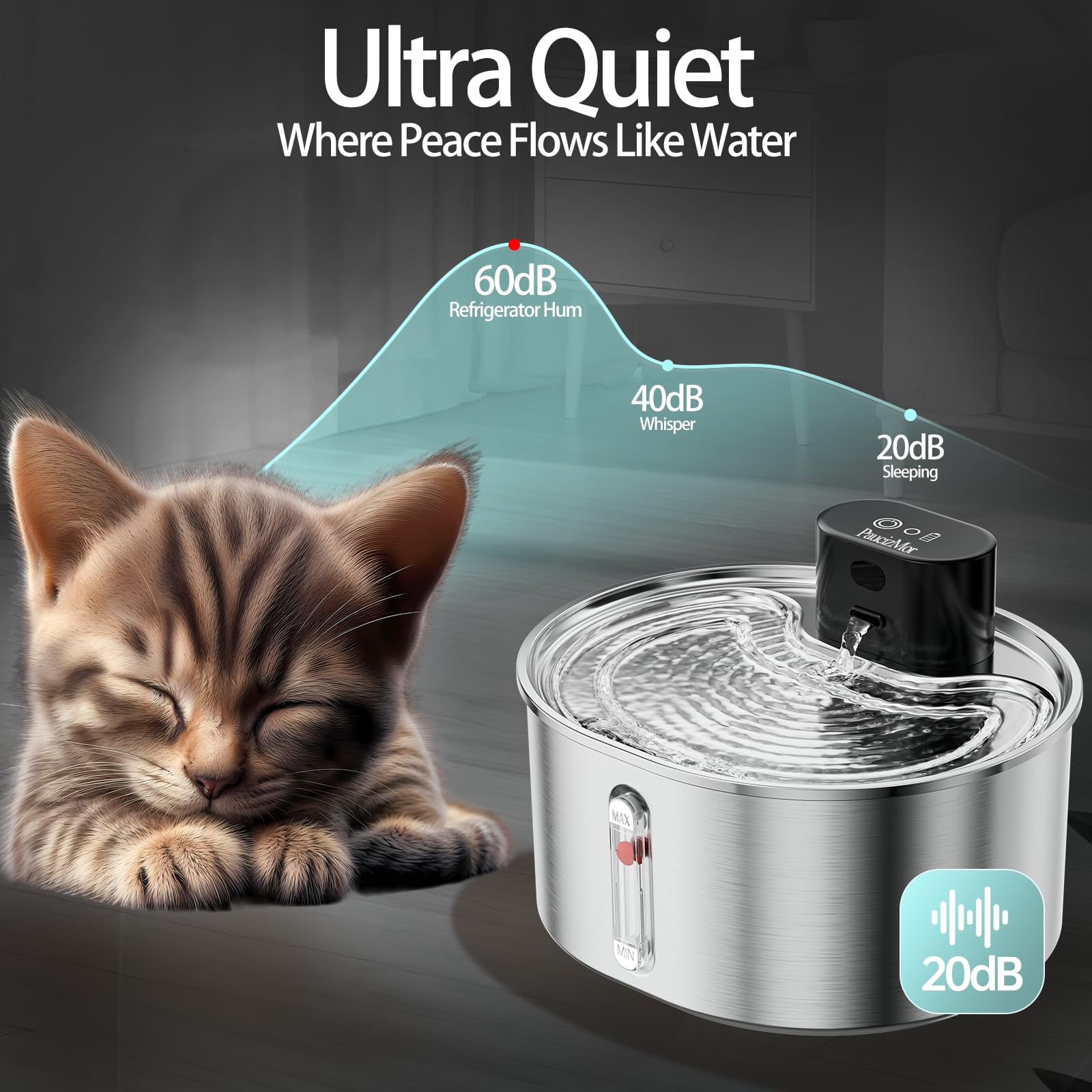Fuente de agua para gatos sin bomba de acero inoxidable que funciona con pilas, fuente de agua inalámbrica para mascotas, dispensador automático inalámbrico con 2 filtros de repuesto para