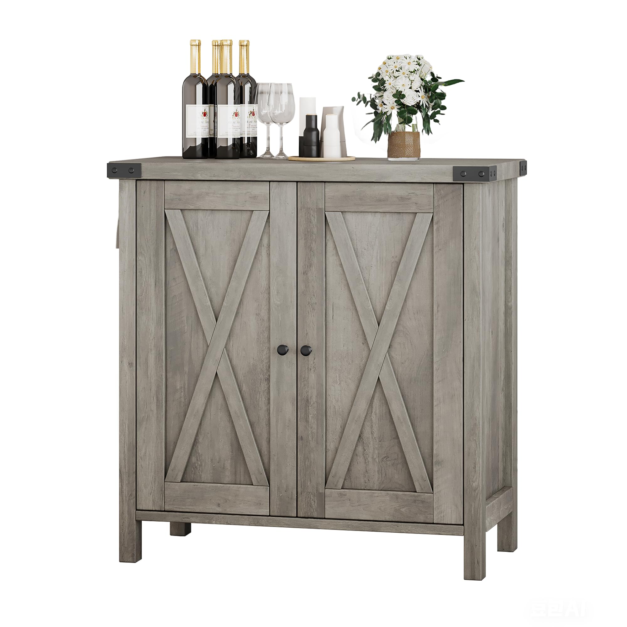 Coffee Bar Cabinet with Storage, 30" Farmhouse Kitchen Storage Cabinet with Adjustable Shelf, Console Table for Dining Room, Living Room &amp; Entryway,Gray