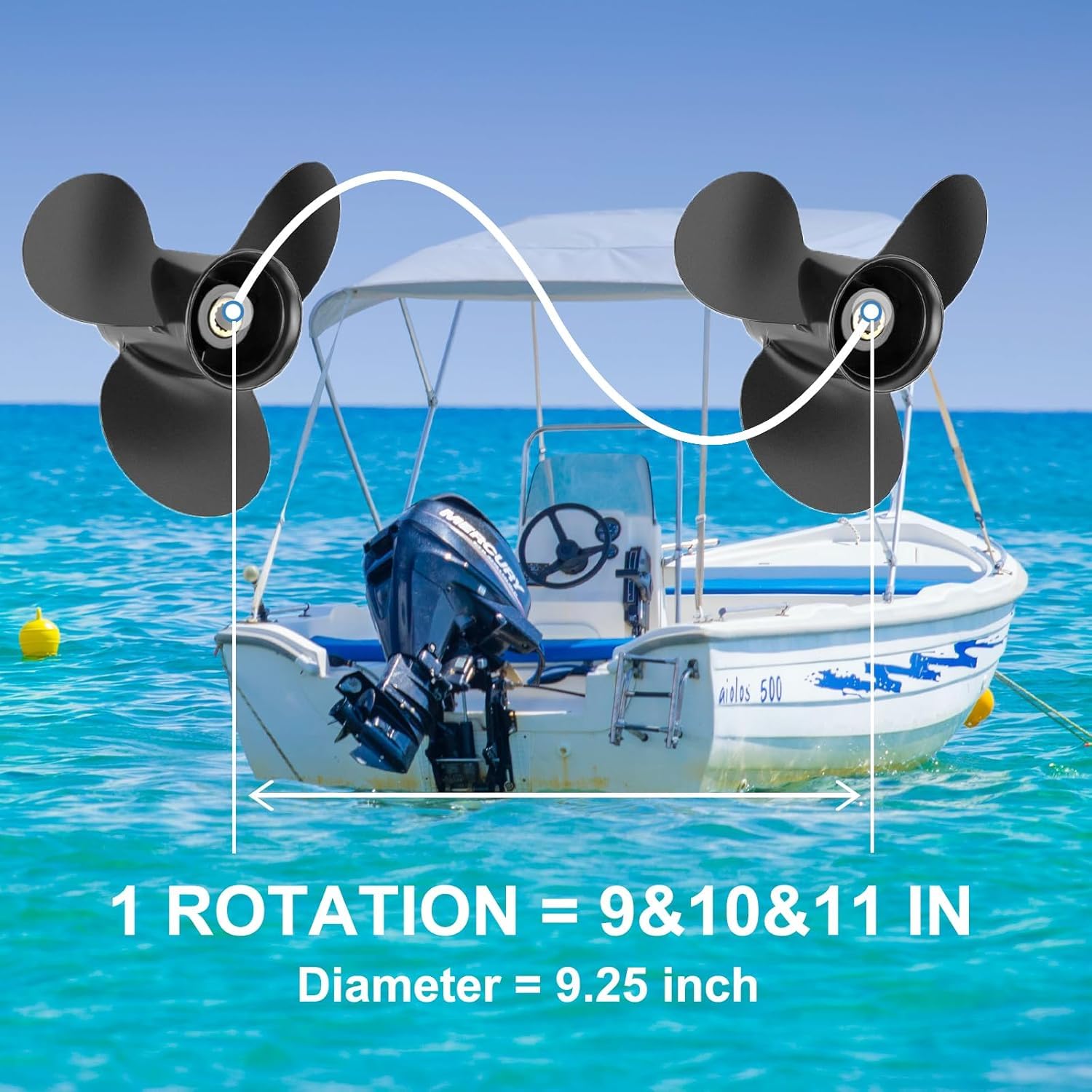 Quickcruiser - Elica fuoribordo in alluminio per motori Mercury 9.9-15HP 48-897750A11 9,25 x 9 passo RH (14 scanalature denti)