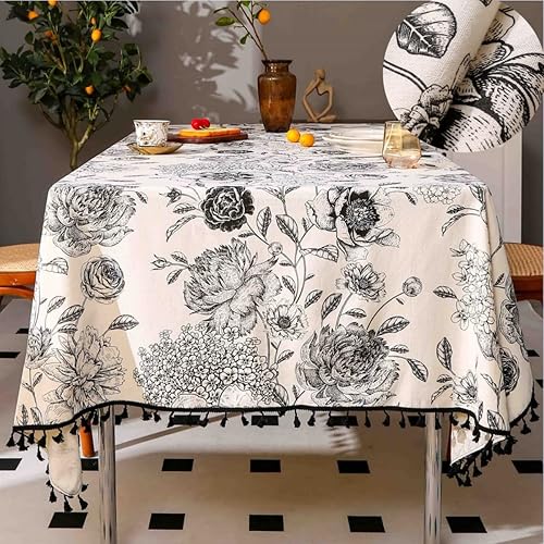 Miniatura 1 de Mantel floral con borlas, mantel de lino de algodón para restaurante, interior y decoración del hogar, manteles rectangulares 60 x 86 pulgadas (negro