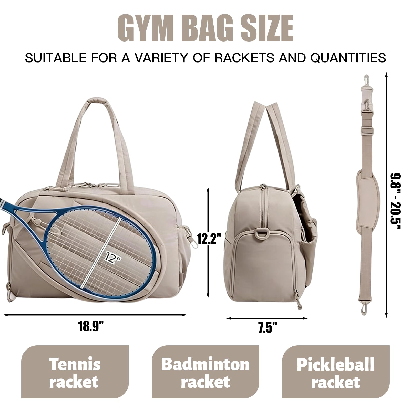 Borsa da badminton da donna, 48 × 19 × 31 cm, grande borsa da tennis con scomparto per racchetta, borsa da viaggio da donna, per fitness, palestra, con scomparto bagnato e scomparto per