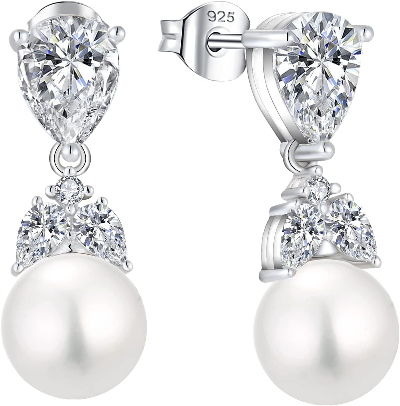 BELRYO Women Pearl Earrings 925 Sterling Silver Teardrop Cubic Zirconia Pearl Dangle Bridal Wedding Earrings with 10mm Simulated Pearl Birthstone Earrings for Women Gift