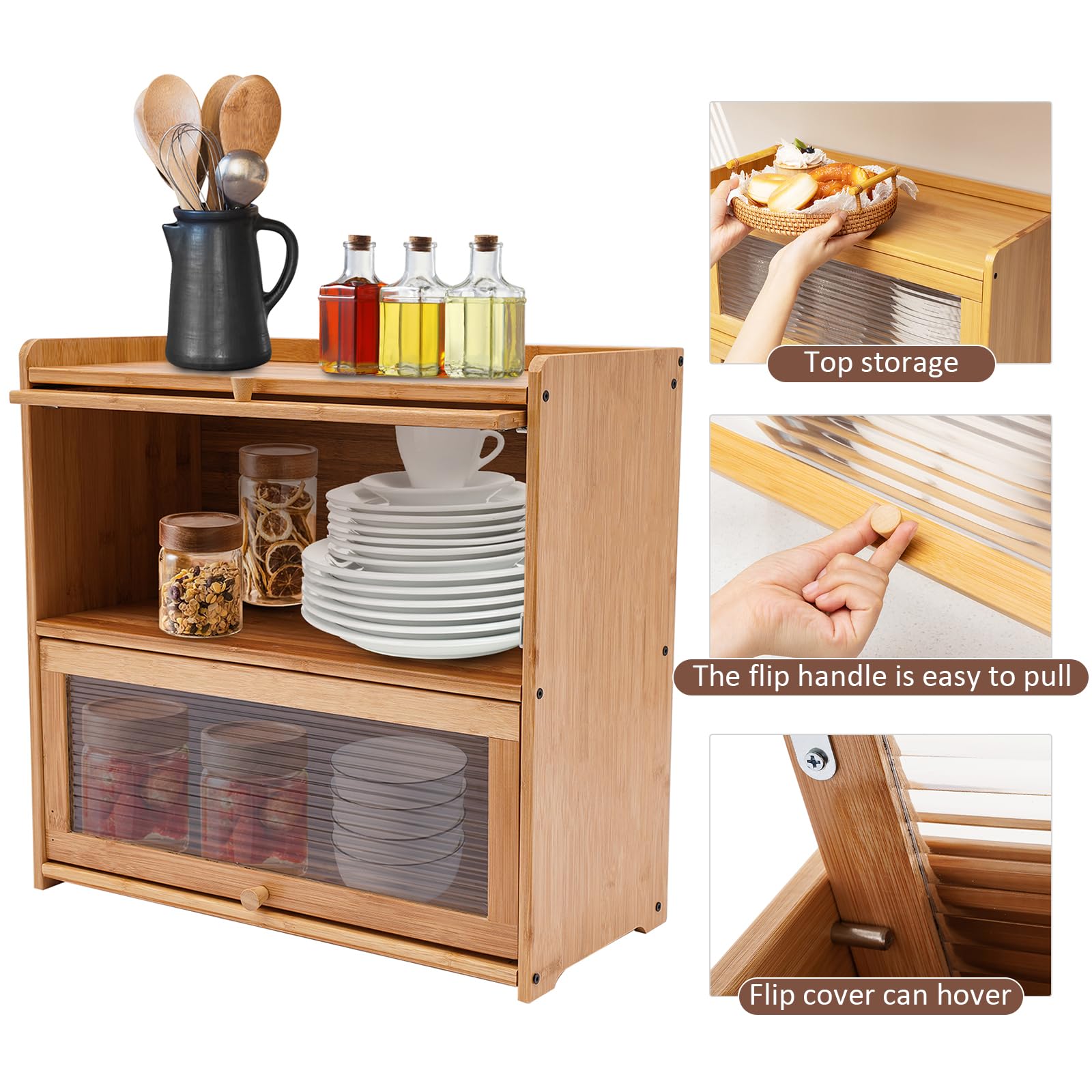 Countertop Storage Cabinet, Multipurpose Organizer Cabinet w/Glass Doors, Bamboo Kitchen Pantry Sideboard, Console Dining Cupboard (Primary Color, Lamps not Included, 20.5