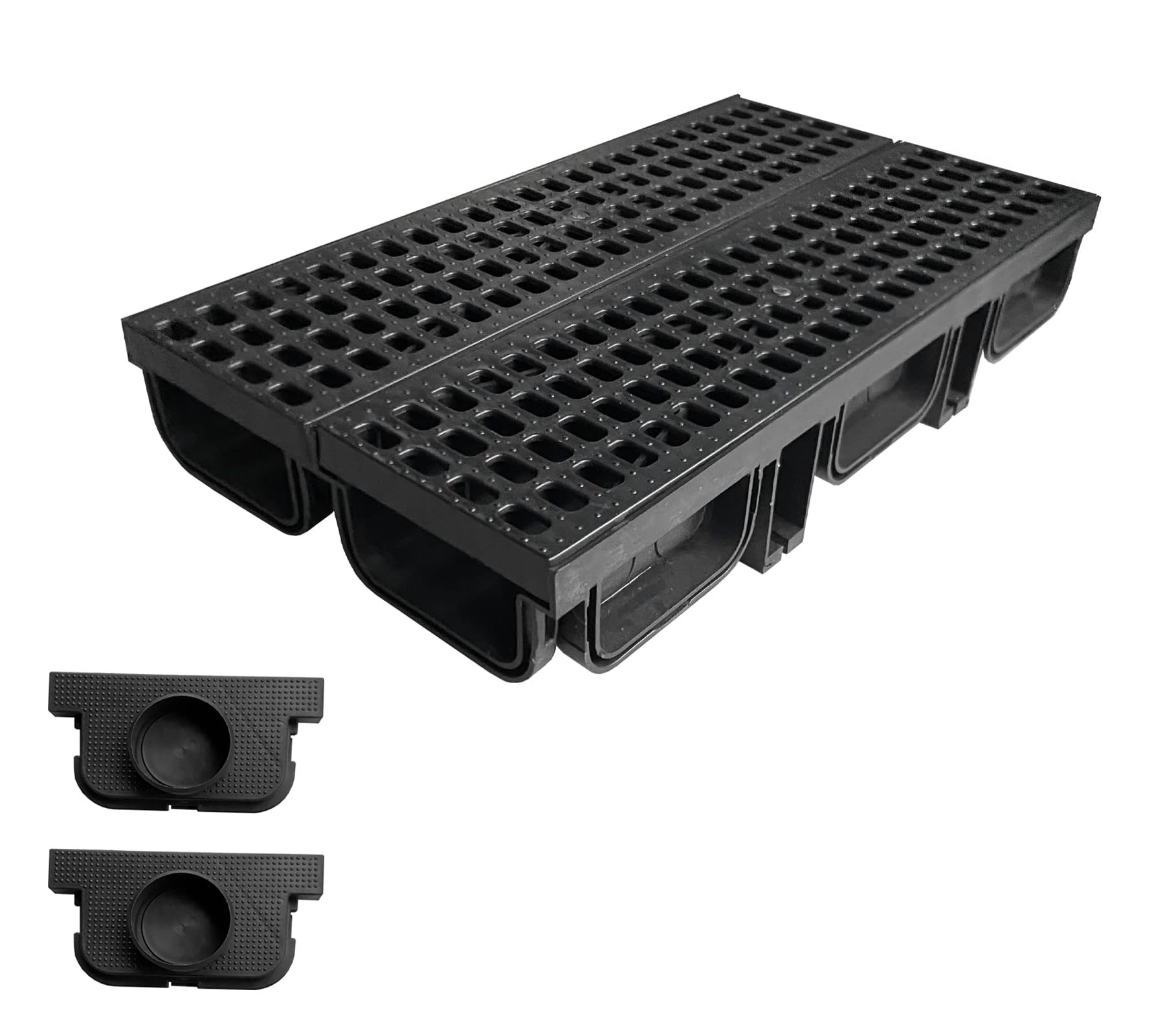HDPE Trench Drain System-19.7Lx5.5Wx3.7H in. Channel Drain with Grates,2 Pack Total Length 39.4 in,Yard Drainage System with 2 Outlet Adapters for Outdoor,Yard Fence,Pool,Sidewalk,Patio