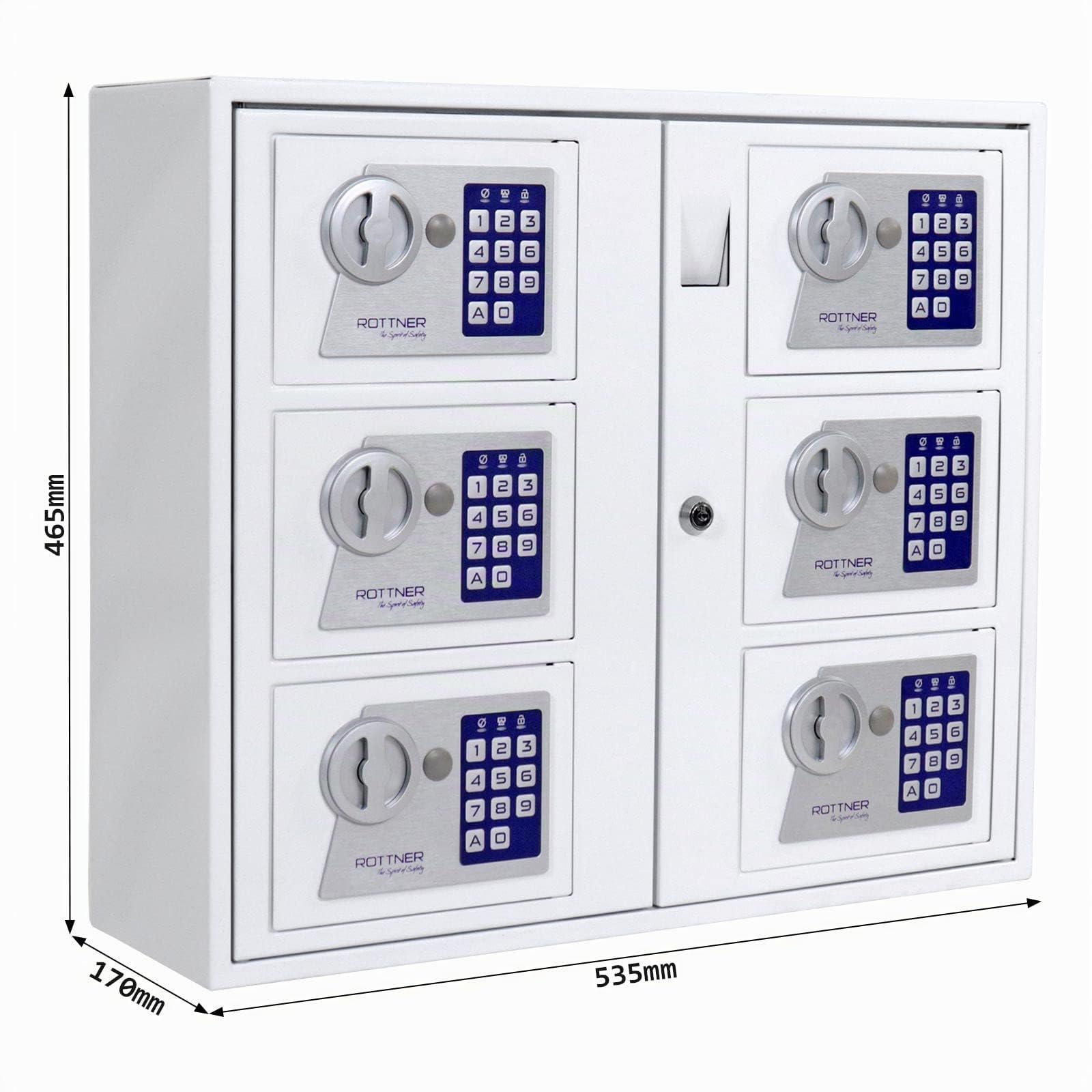 Rottner armadietto di sicurezza per chiavi con 6 scomparti a chiusura elettronica, in acciaio inossidabile, con slot per inserimento chiavi, fissaggio a parete, per uso interno, di colore bianco