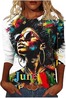 Juneteenth - Camiseta de manga 3/4 para mujer, con estampado de personajes, cuello redondo, sin botones, color negro, blusa informal, holgada, con capas base, tallas grandes, comprar de nuevo mis