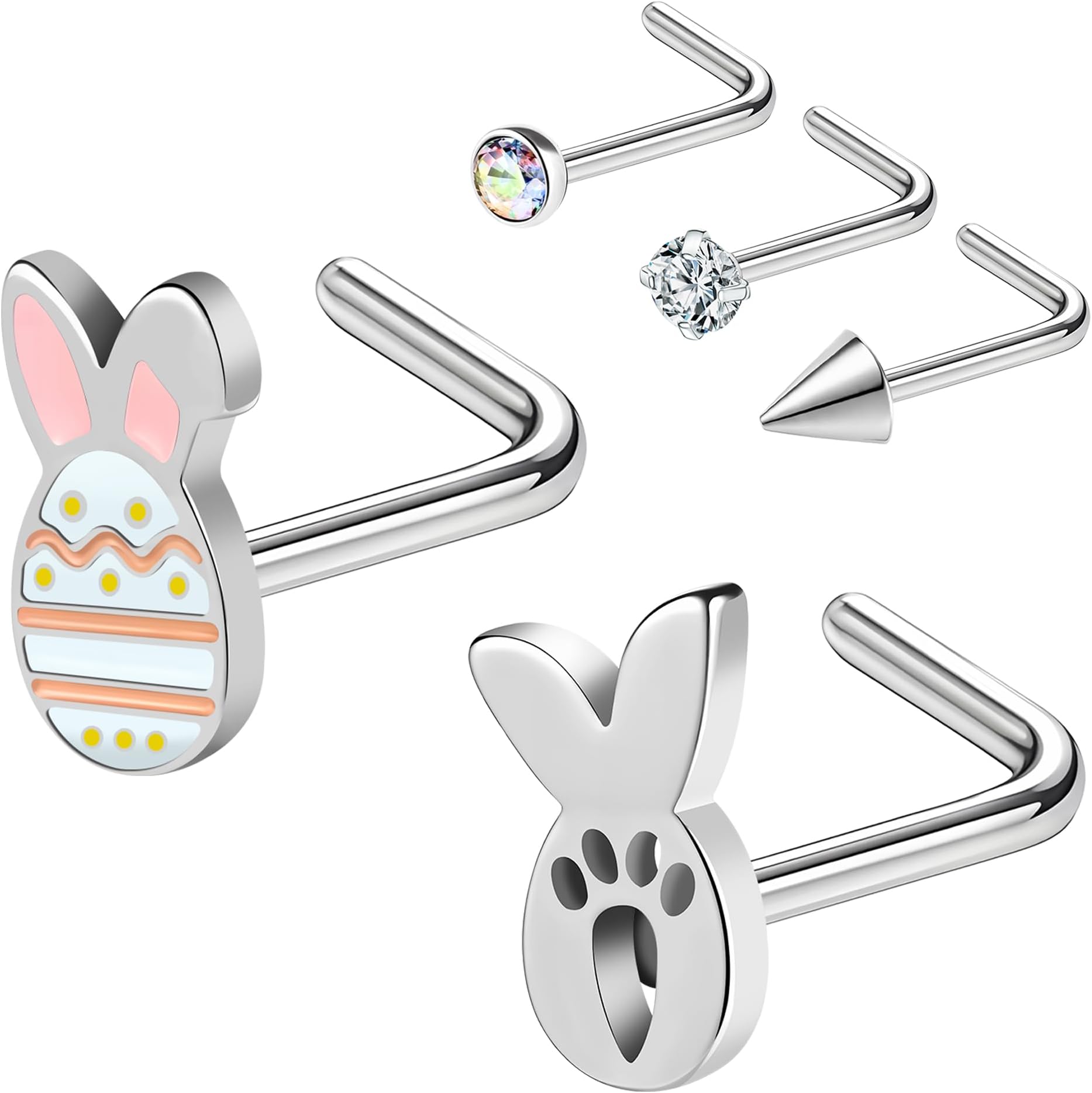 Easter Nose Studs Nostril Rings, Rabbit Pattern Stainless Steel Nose Rings l Shaped Nostril Stud, Corkscrew Nose Piercings Jewelry in Cute Easter Eggs Bunny 20G