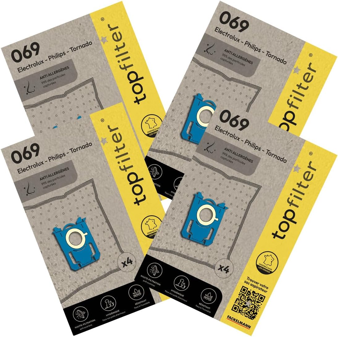 TopFilter 9996750 Philips Tornado Electrolux 64069 Vacuum Cleaner Bags, 16 Vacuum Cleaner Bags, Fleece, Polypropylene, Plastic, Rubber, 30 x 26 cm, Pack of 4