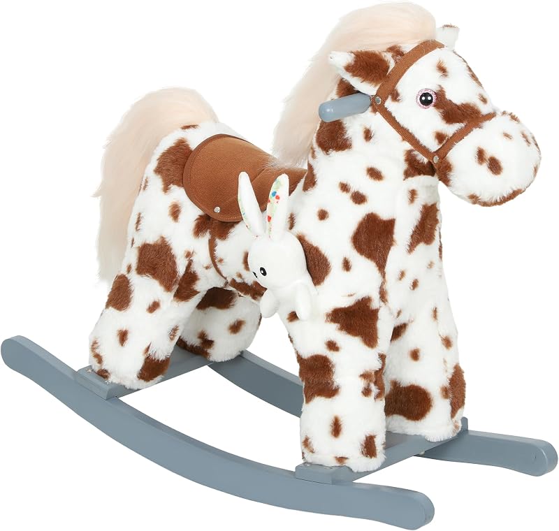 Qaba Caballo balancín con sonido de relincho para niños pequeños de 2 a 5 años Marrón | Balancín de animales de peluche para niños, paseo en caballo de relleno suave, juguete de conejo