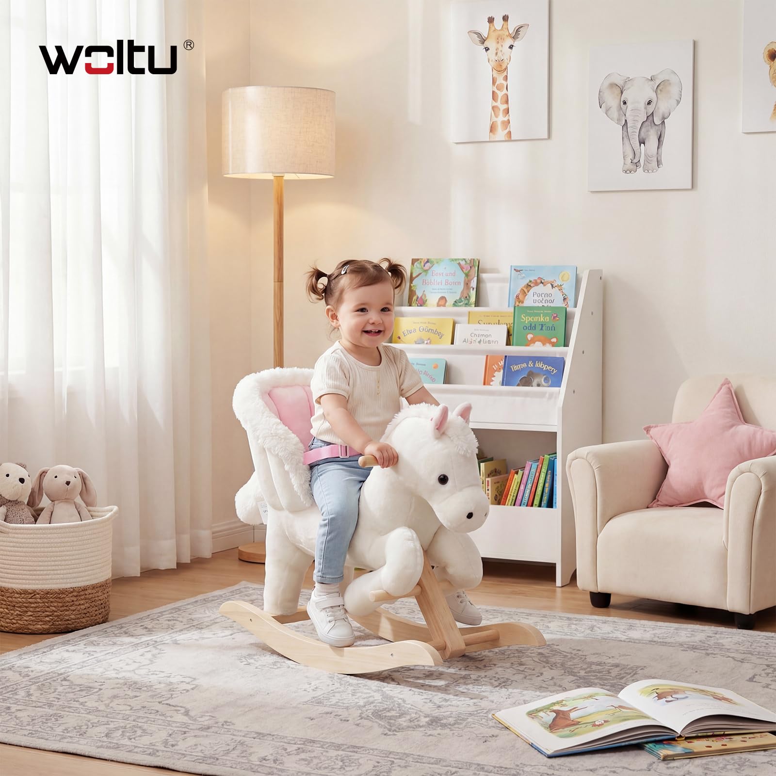 WOLTU Plüsch Schaukelpferd für Babys 18-36 Monate, Schaukeltier mit Soundfunktion, Sicherheitsgurt und hoher Rückenlehne, Baby Schaukelpferd aus Massivholz, Weiß Rosa