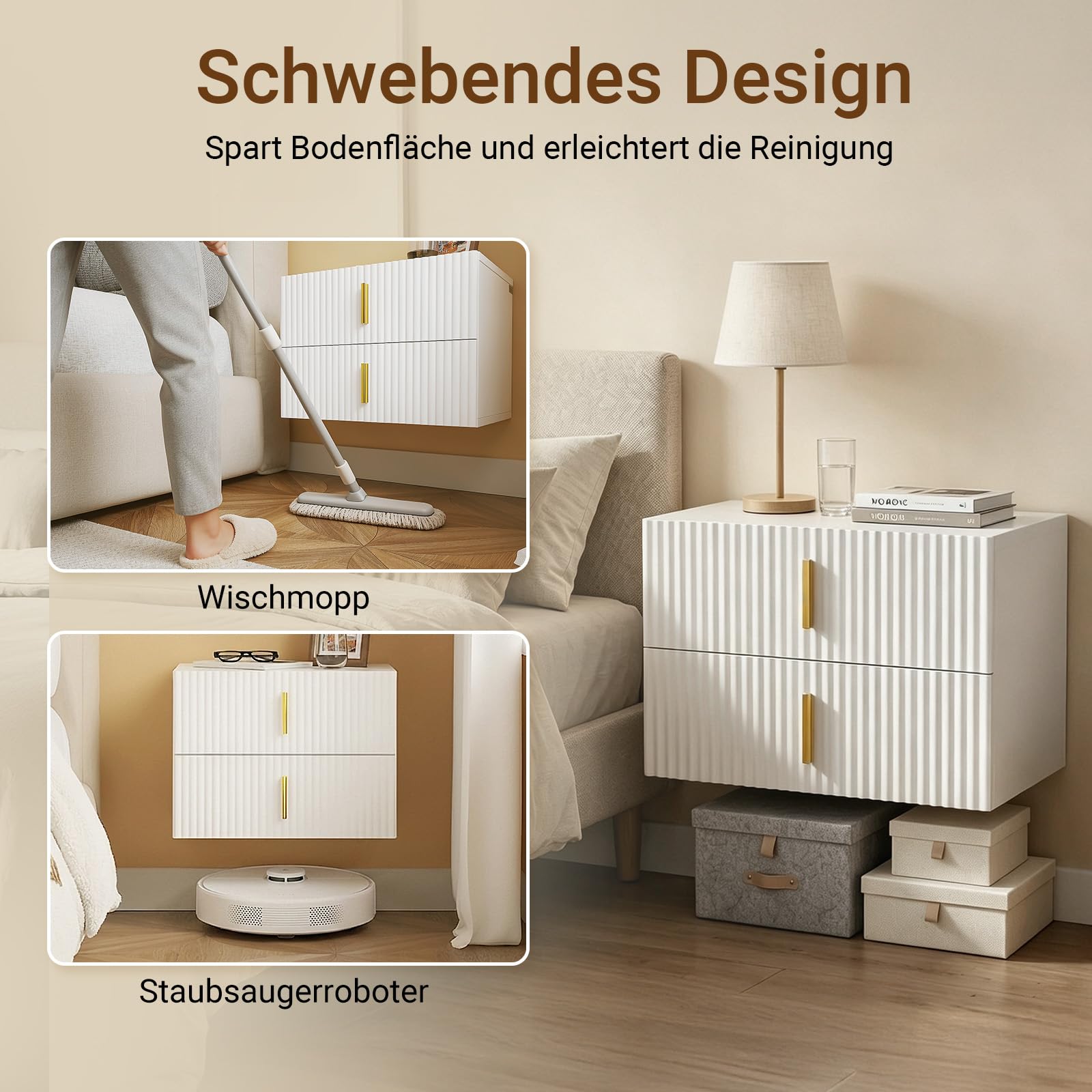 SoBuy Schwebender Nachttisch mit LED-Sensorleuchte, 2 Schubladen 40x30x30cm | Wandregal mit Wellenförmige schubladenfront und Goldgriff, PB+MDF, bis 18 kg, für Schlafzimmer Wohnzimmer Flur, FBT177-E-W