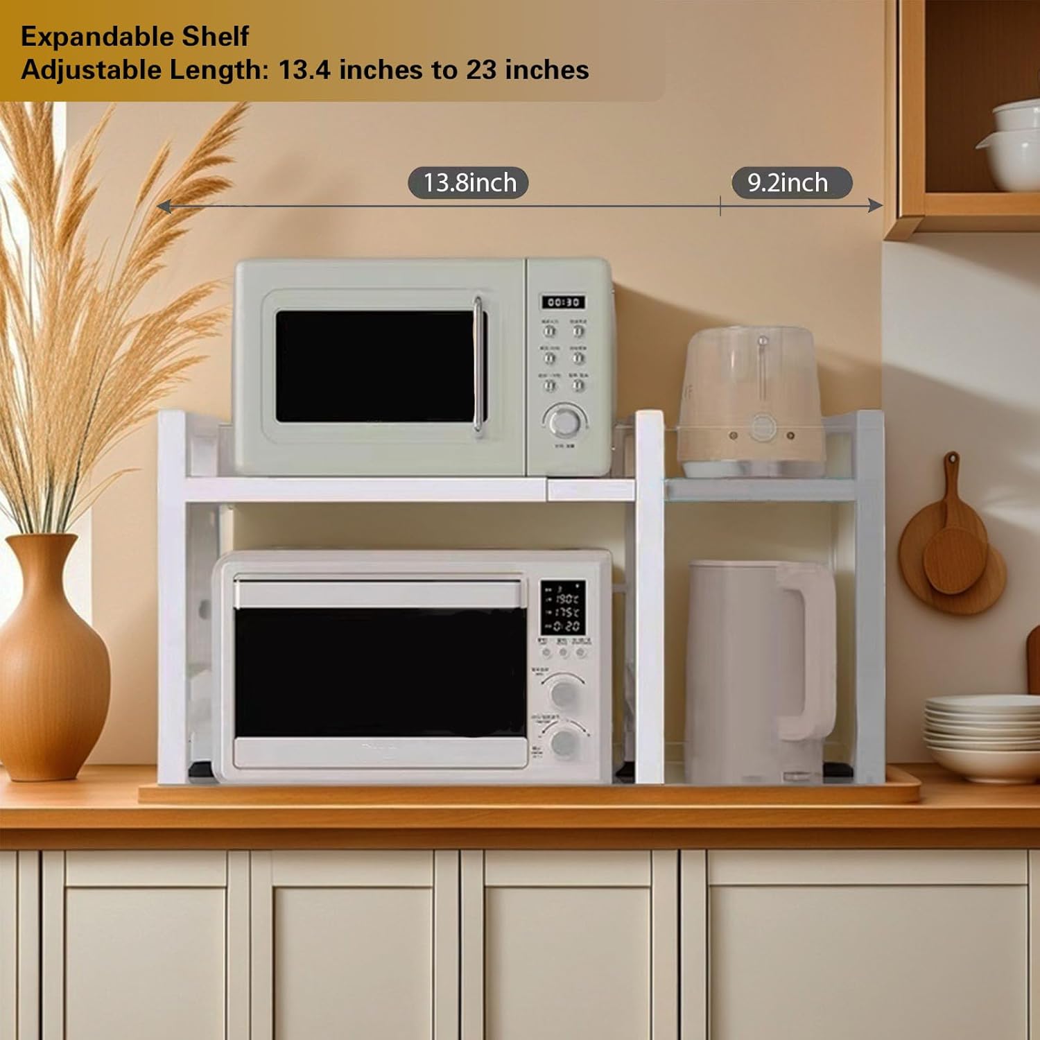 Microwave Oven Rack Expandable Countertop Heavy Duty Microwave Shelf 2-Tier Adjustable Metal Storage Shelf Rack for Kitchen (White)