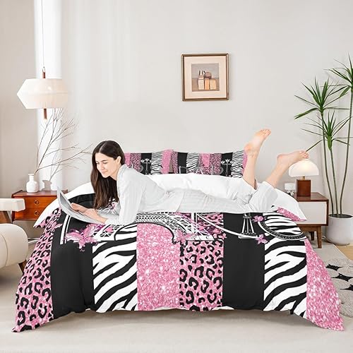 Miniatura 2 de Juego de funda de edredón para niños de la Torre Eiffel, tamaño Queen, con textura de piel de cebra y leopardo con purpurina, decoración de