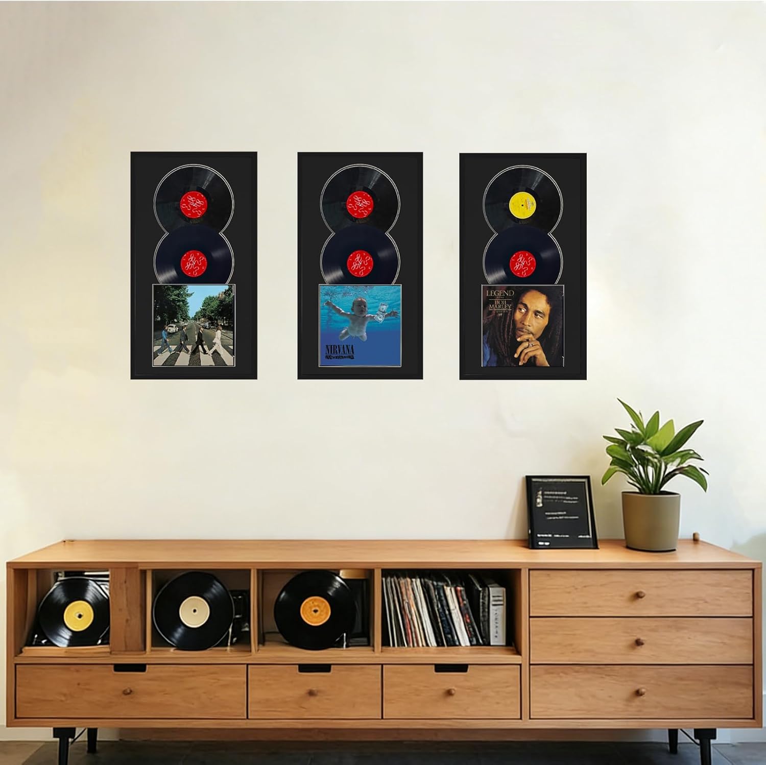 Double Vinyl Record Frame, Displays Two 12" LP Records & One Album Cover, Wall Mountable Music Collectors Home Decor (Black, Records not Included)