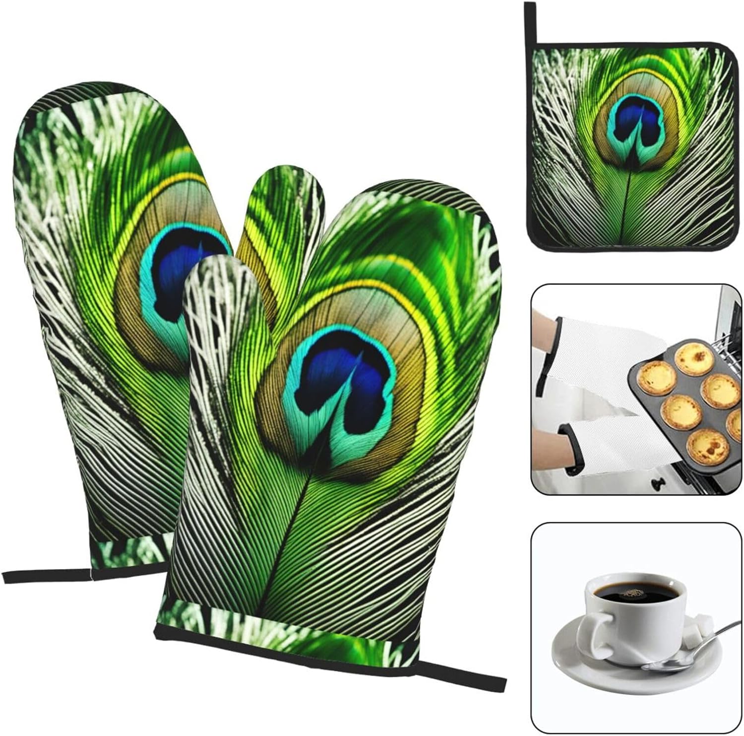 Green Peacock Feather Print Heat Resistant Microwave Gloves, Used for Baking, Cooking, and Fashion Kitchen Essentials