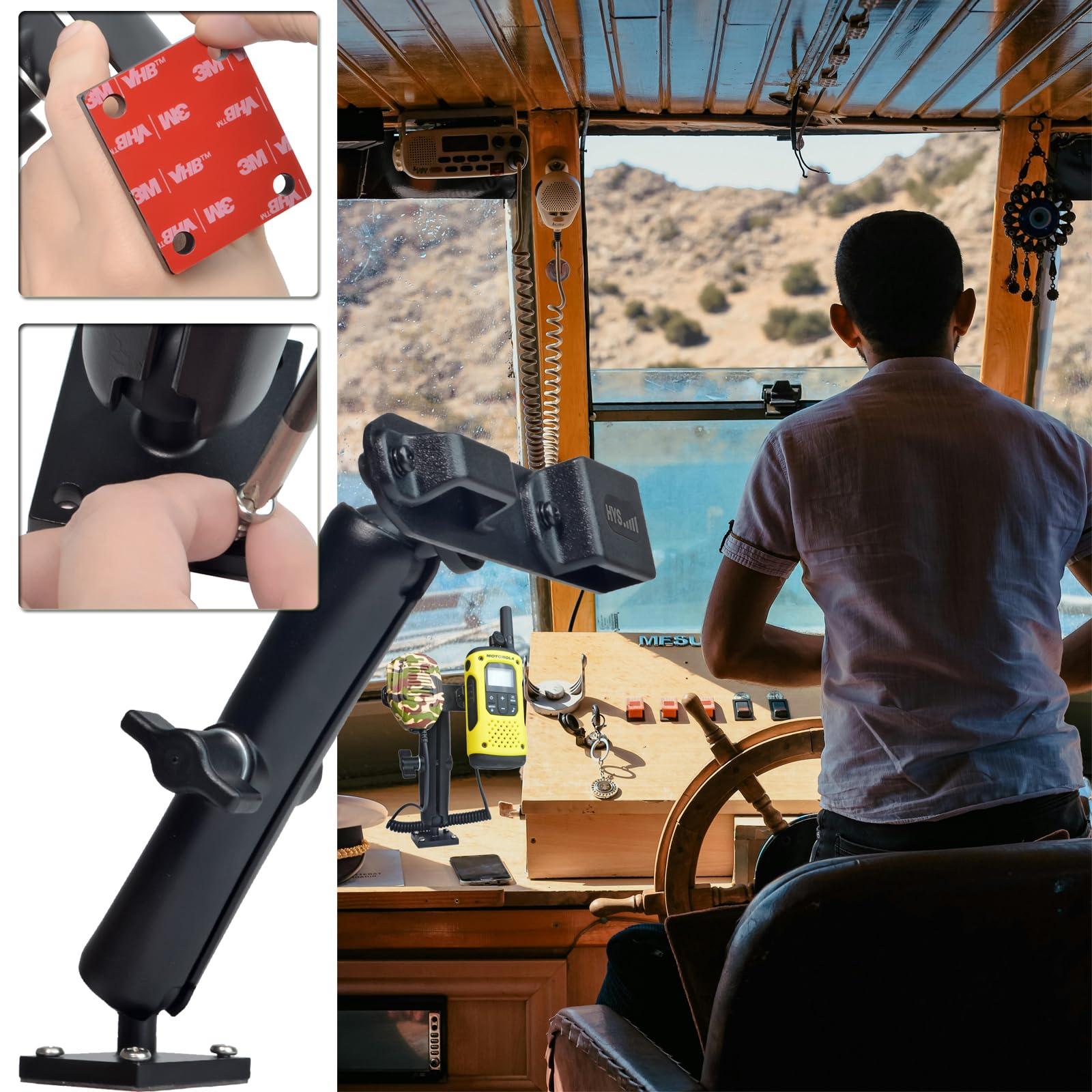 HYS Supporto adesivo per walkie talkie per camion e auto, con clip per cintura per microfono, presa sicura, resistente supporto per tablet, robusto supporto radio a 2 vie per veicoli commerciali,
