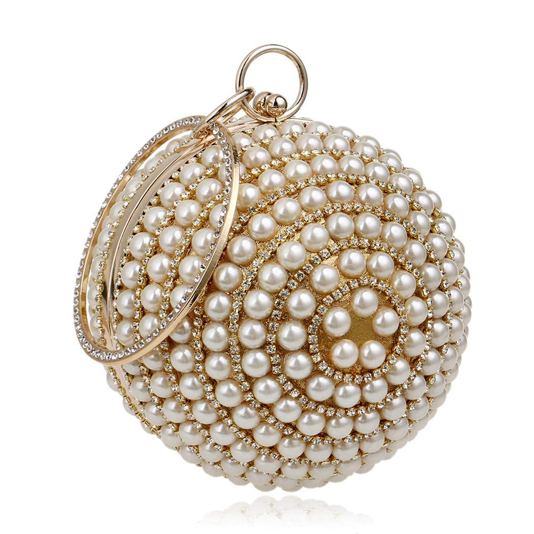 UualiyyeWomens Evening Bag Round Ball Wedding Handbag Artificial Pearl Purse Golden, Women Bling Purse Top Handle Handbag Chain Clutch for Party