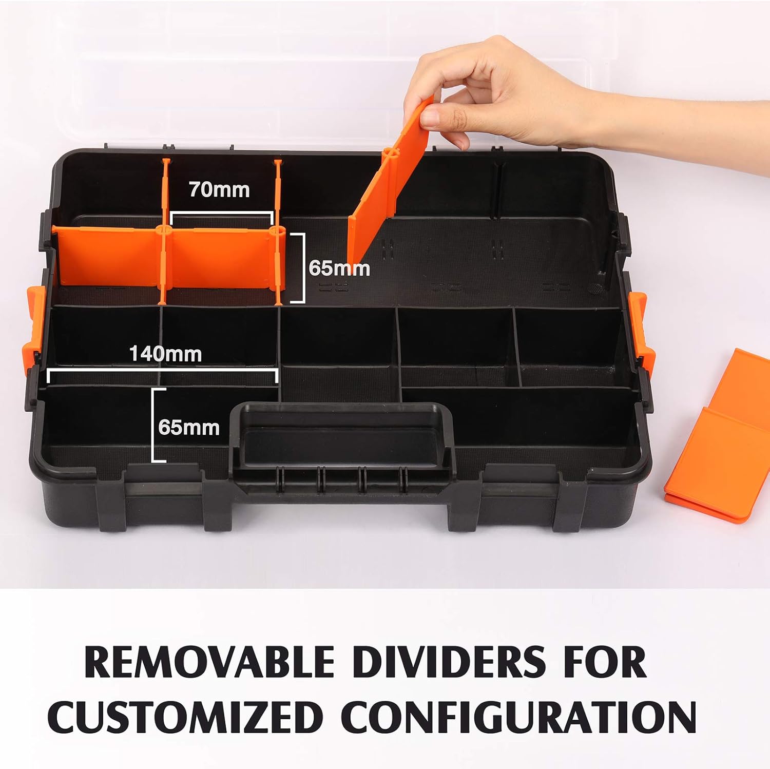 MIXPOWER 15-inch 2pcs Toolbox Organizer Sets, 20 Removable Dividers, Durable Plastic Box, Excellent for Screws, Nuts, Small Parts, 34-Compartment Black/Orange 2 Pieces Set - Image 3