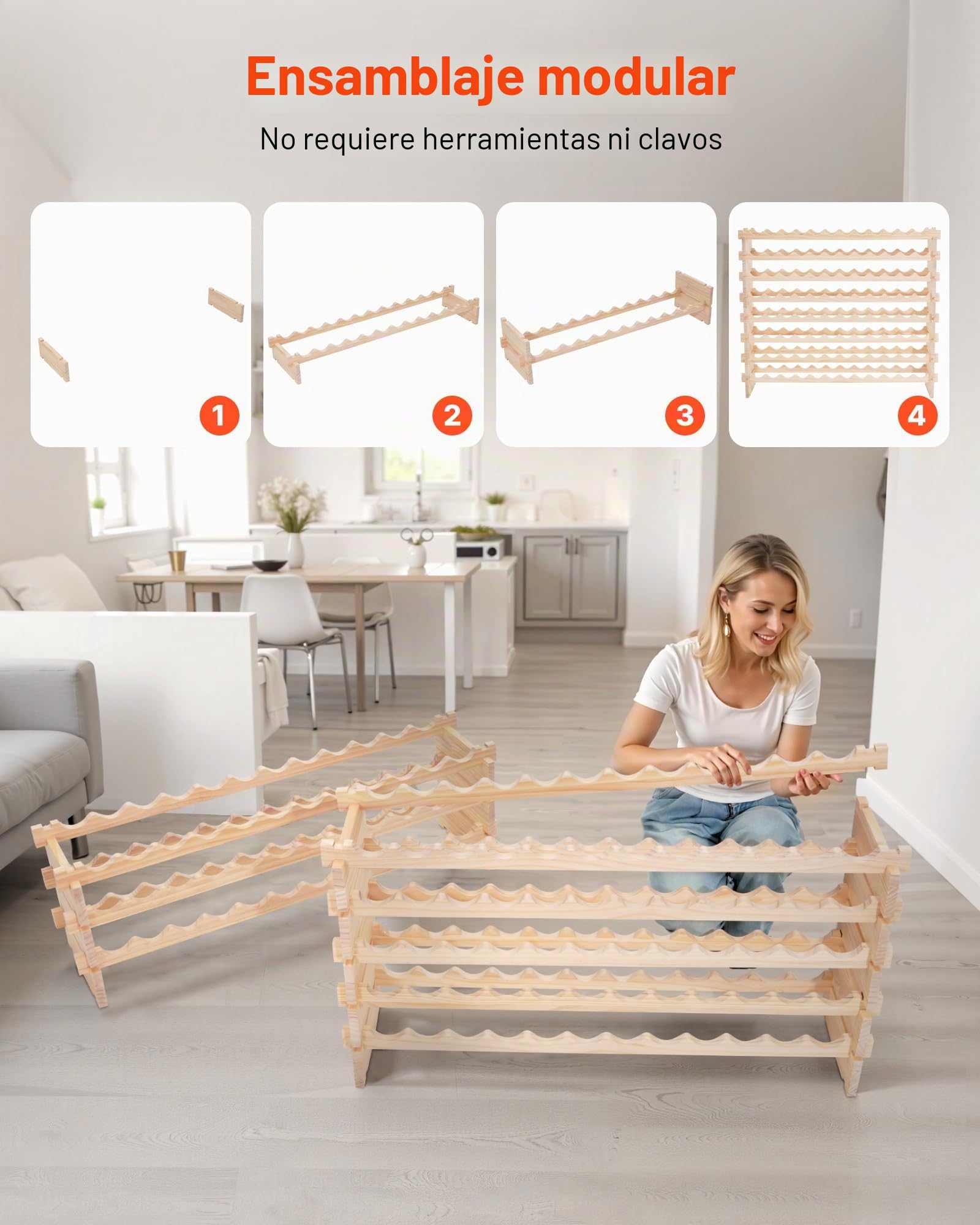 VEVOR Botellero Modular Apilable para 96 ​​Botellas, 8 Niveles, con Capacidad de Carga Total de 112 kg, Estable, Ideal para Cocina, Bodega, Bar y Vinoteca, Madera de Pino, 1130 x 290 x 962 mm