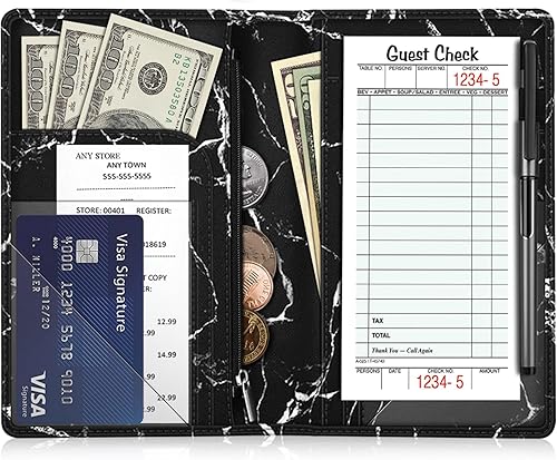 Miniatura 21 de Libreta organizadora para meseros Fintie con bolsillo con cremallera, de piel sintética para restaurante, tarjetero para presentadores de cheques